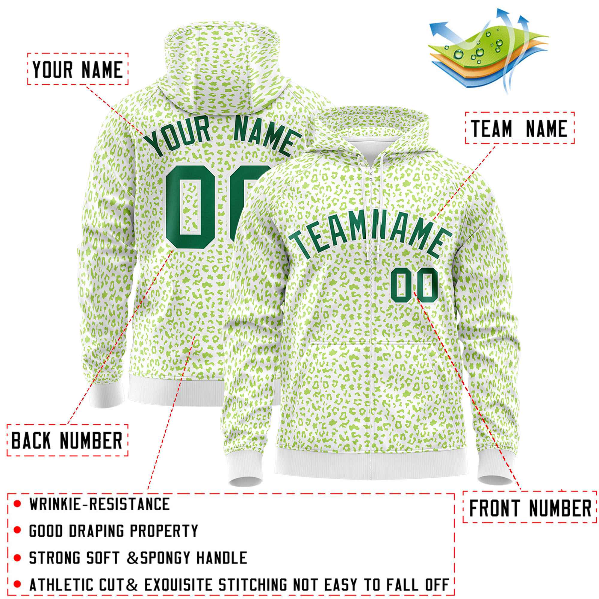 Custom White Neon Green Varsity Full-Zip Letterman Leopard Print Jacket Hoodie