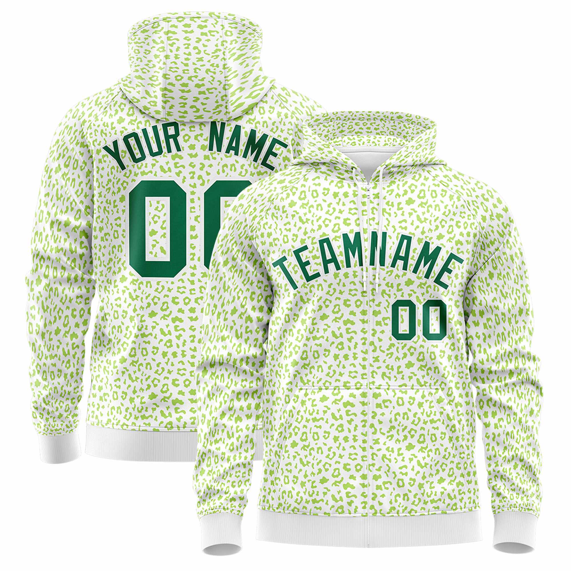 Custom Neon Green Green Varsity Full-Zip Letterman Leopard Print Jacket Hoodie