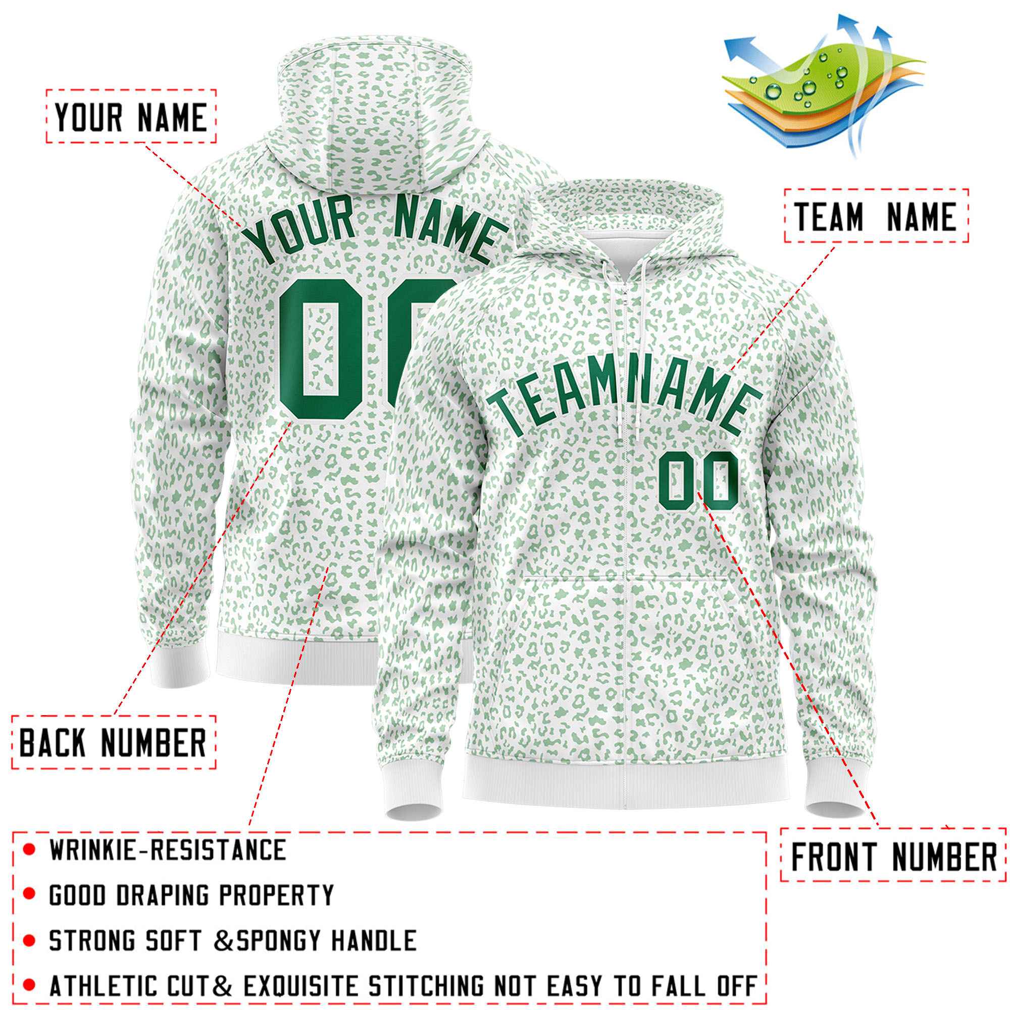 Custom White Kelly Green Varsity Full-Zip Letterman Leopard Print Jacket Hoodie