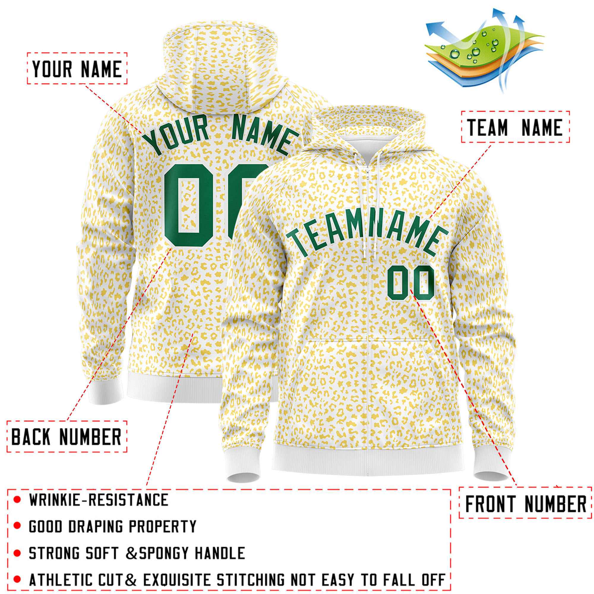 Custom White Gold Varsity Full-Zip Letterman Leopard Print Jacket Hoodie