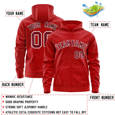Custom Red Crimson Varsity Full-Zip Letterman Leopard Print Jacket Hoodie