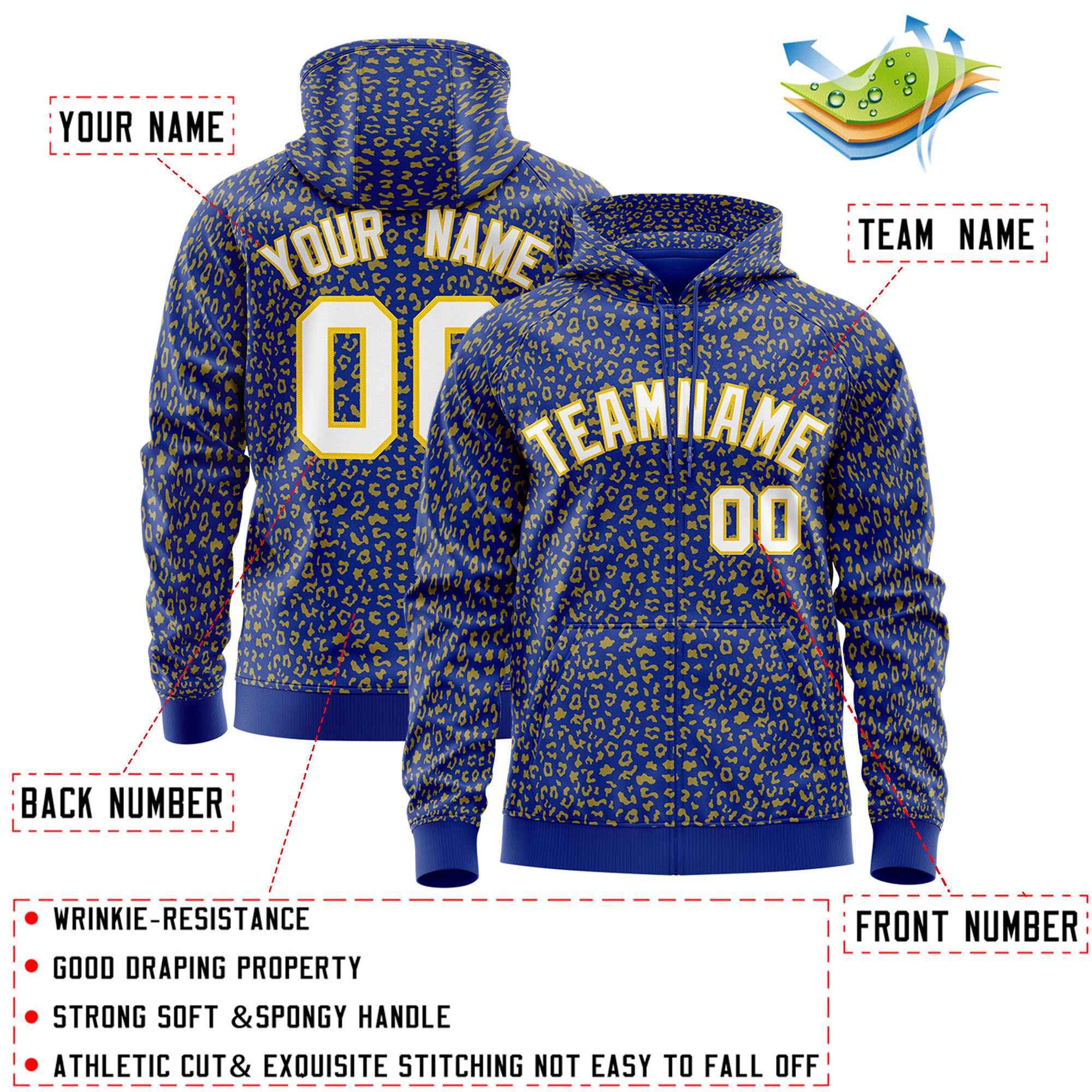 Custom Royal Gold Varsity Full-Zip Letterman Leopard Print Jacket Hoodie