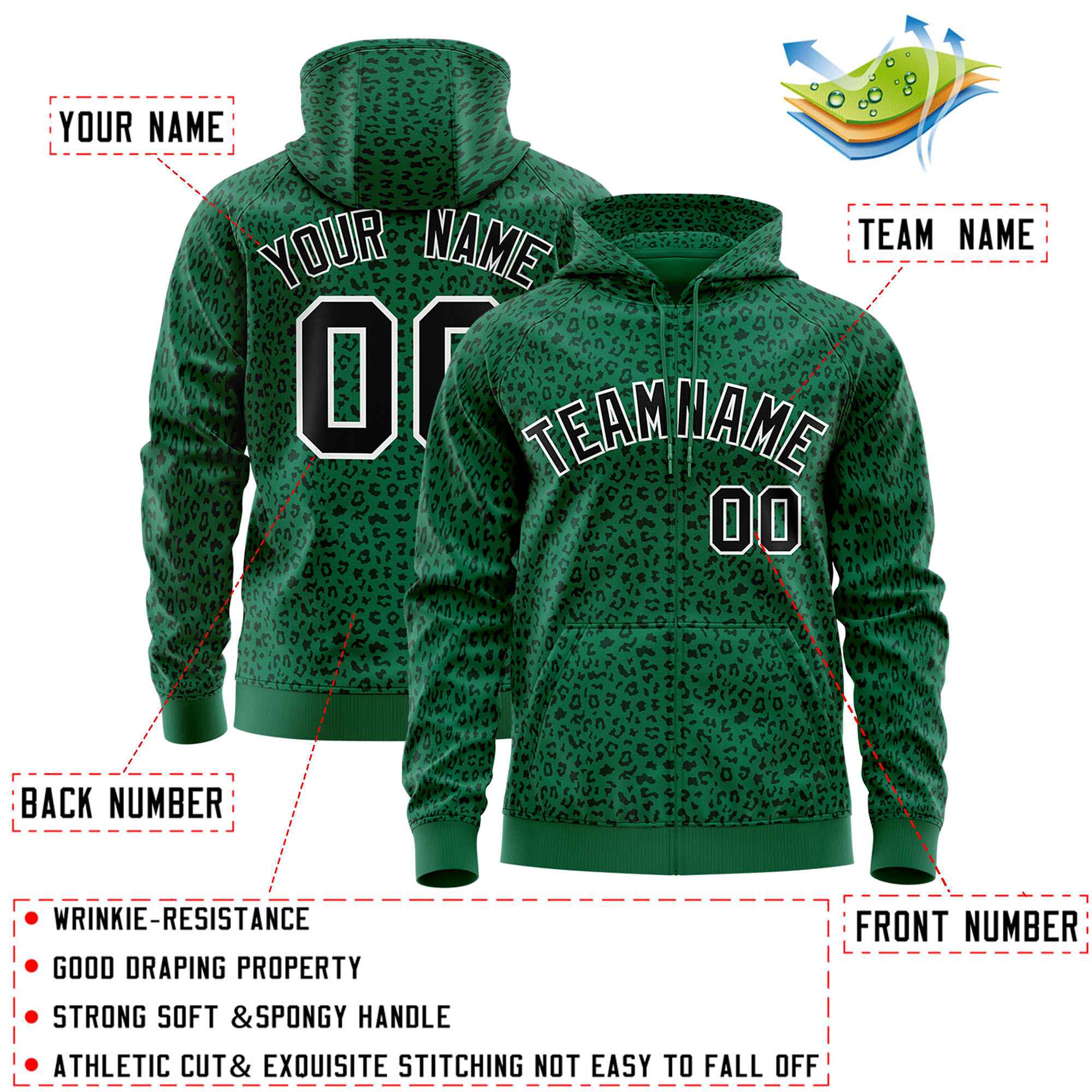 Custom Kelly Green Black Varsity Full-Zip Letterman Leopard Print Jacket Hoodie