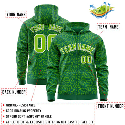 Custom Black Kelly Green Varsity Full-Zip Letterman Leopard Print Jacket Hoodie