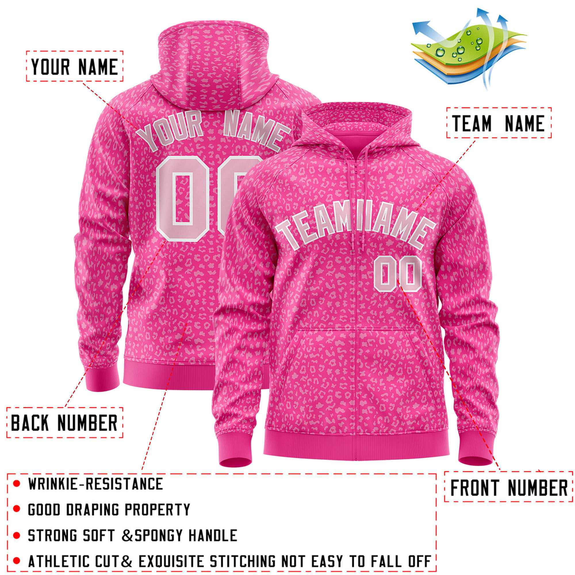Custom Pink Light Pink Varsity Full-Zip Letterman Leopard Print Jacket Hoodie