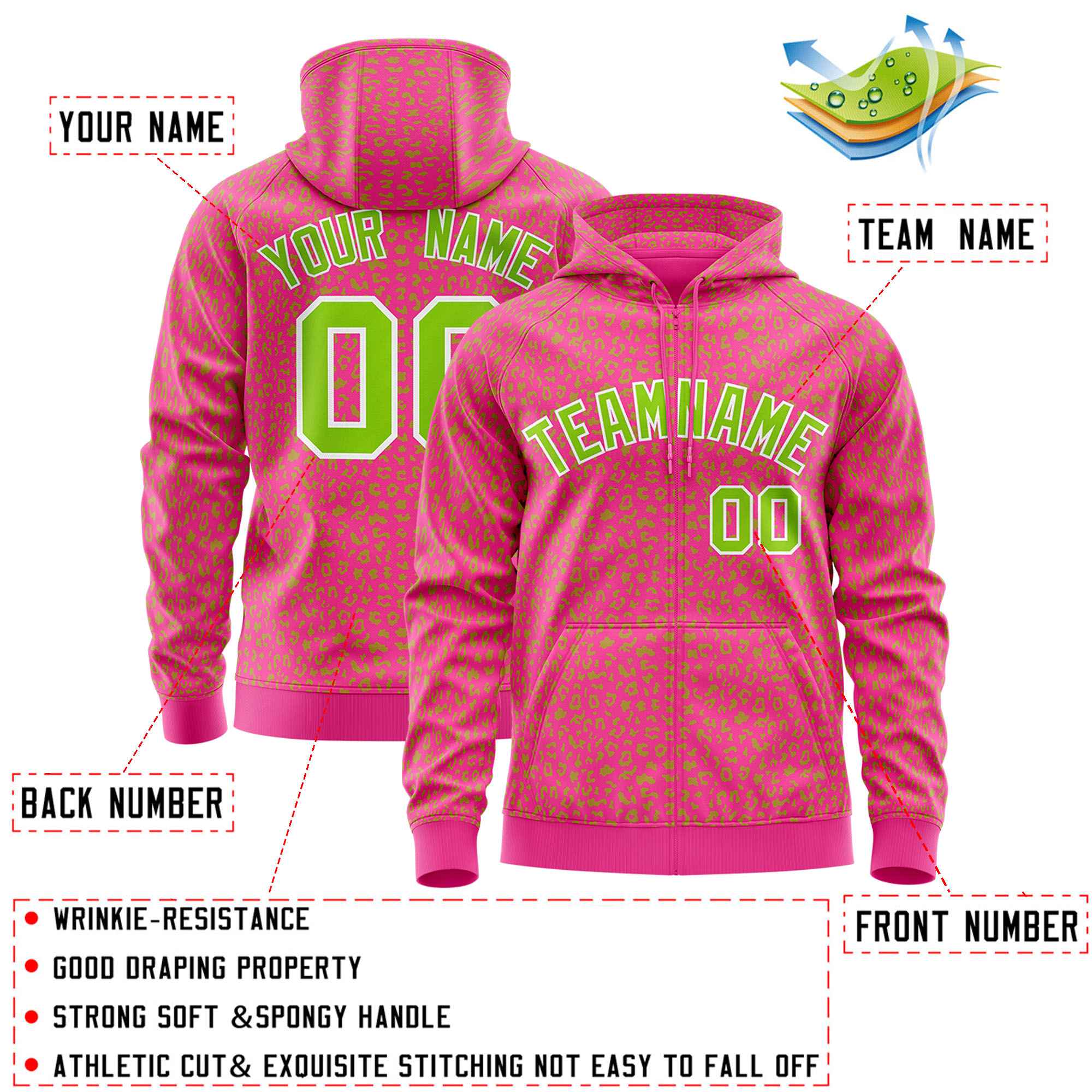 Custom Pink Neon Green Varsity Full-Zip Letterman Leopard Print Jacket Hoodie