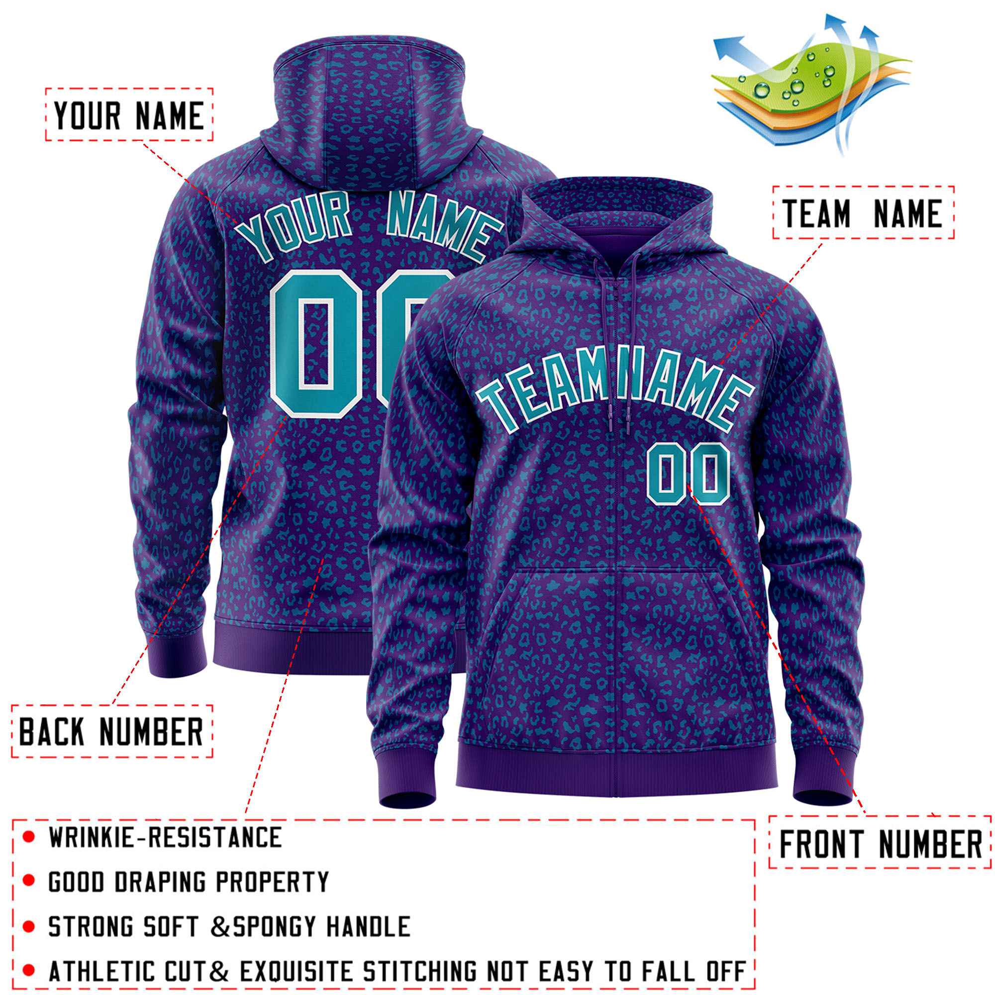 Custom Purple Teal Varsity Full-Zip Letterman Leopard Print Jacket Hoodie