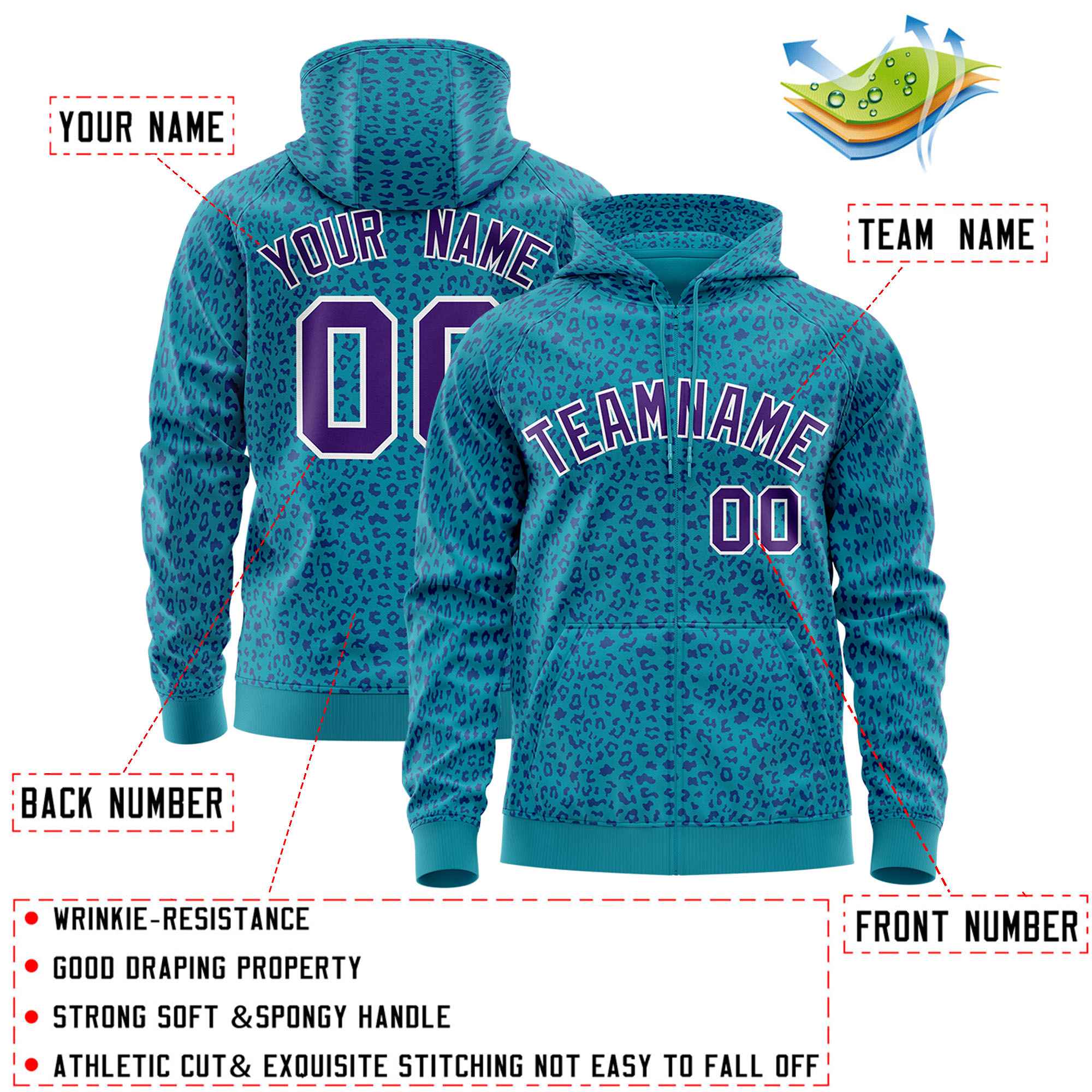 Custom Teal Purple Varsity Full-Zip Letterman Leopard Print Jacket Hoodie
