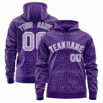 Custom White Purple Varsity Full-Zip Letterman Leopard Print Jacket Hoodie