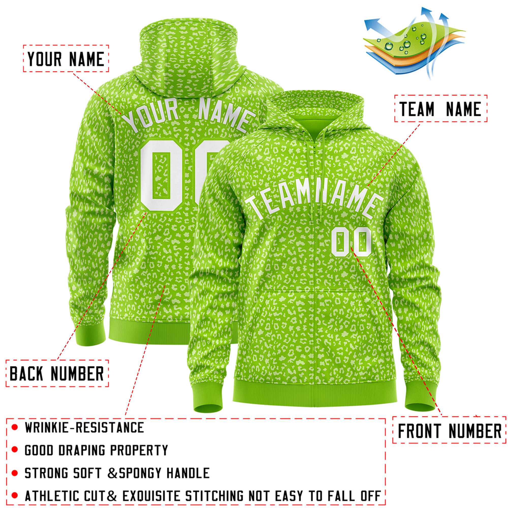 Custom Neon Green White Varsity Full-Zip Letterman Leopard Print Jacket Hoodie