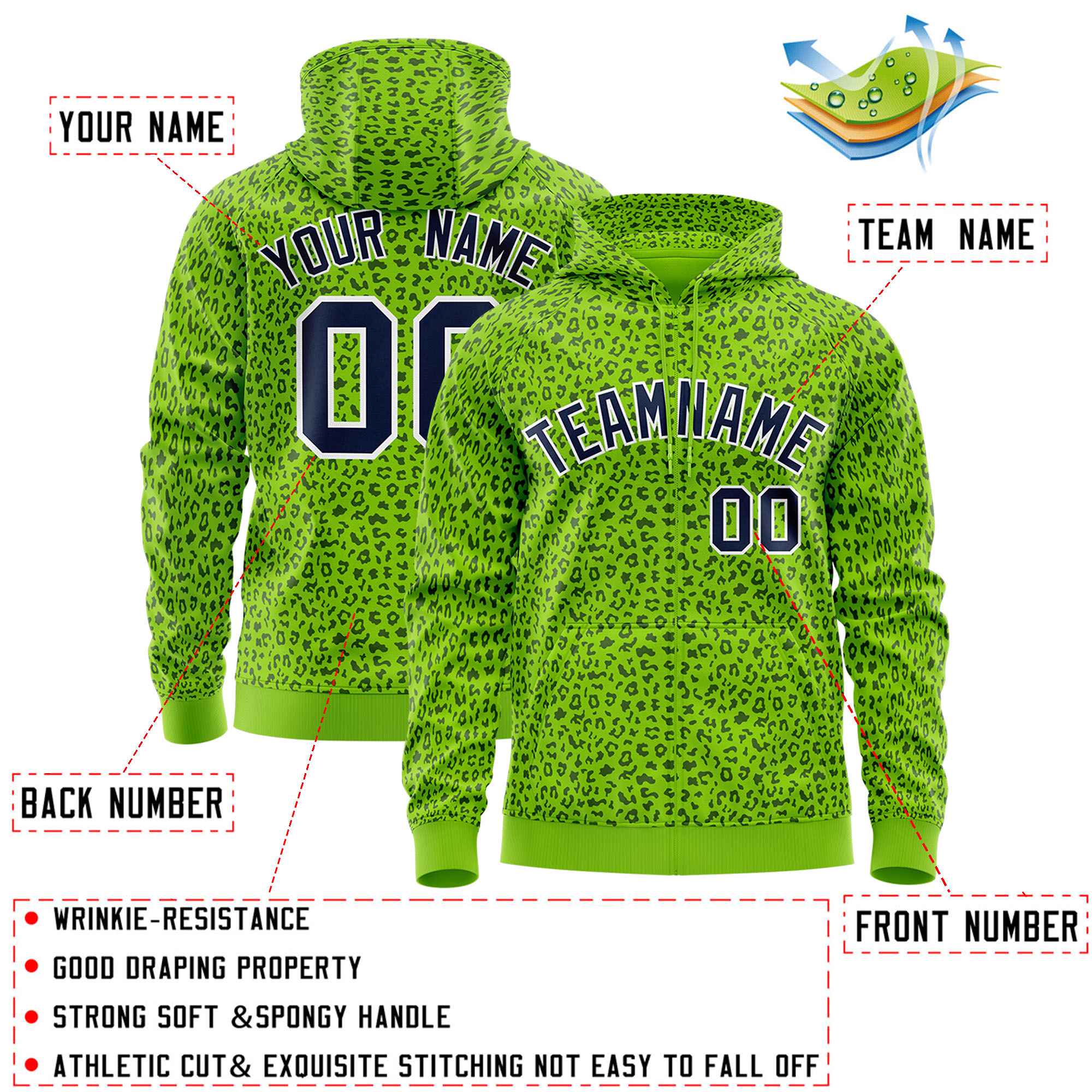 Custom Neon Green Navy Varsity Full-Zip Letterman Leopard Print Jacket Hoodie