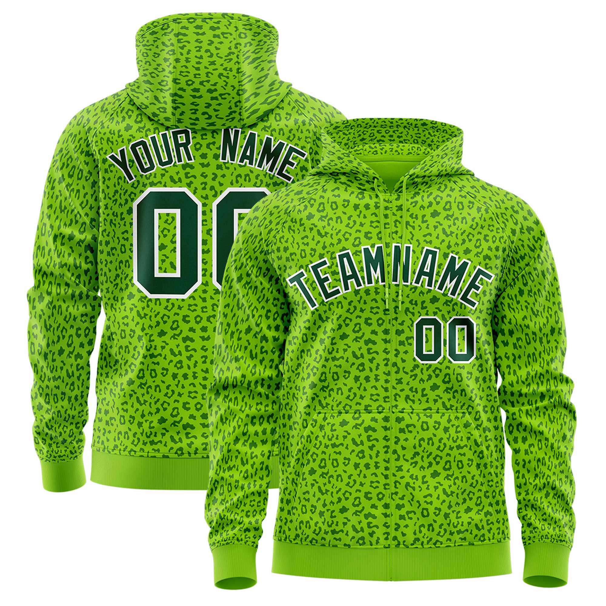 Custom White Neon Green Varsity Full-Zip Letterman Leopard Print Jacket Hoodie
