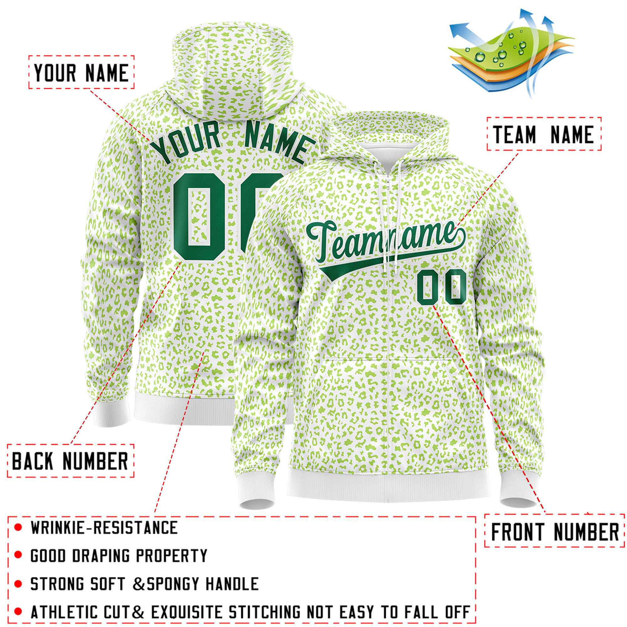 Custom Neon Green Green Varsity Full-Zip Letterman Leopard Print Jacket Hoodie