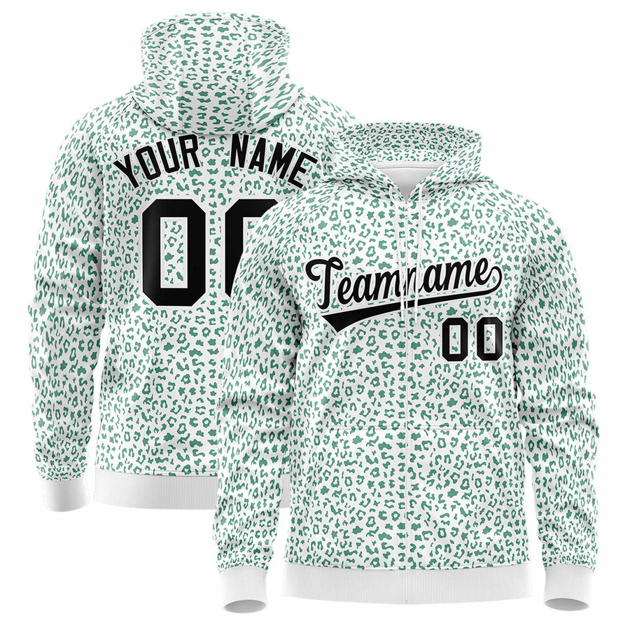 Custom White Kelly Green Varsity Full-Zip Letterman Leopard Print Hoodie Jacket