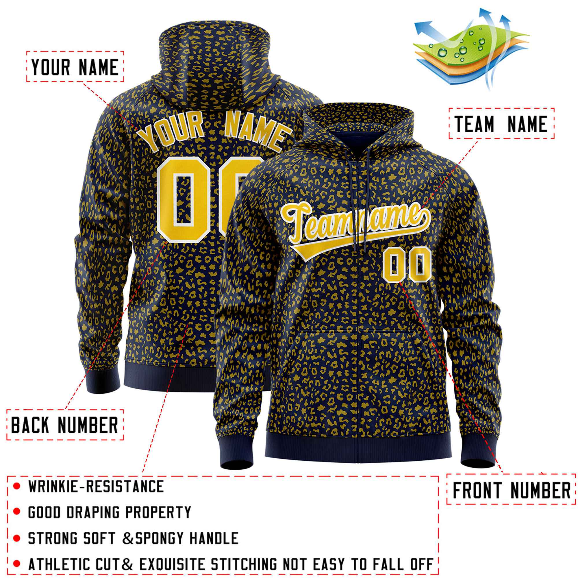 Custom Navy Gold Varsity Full-Zip Letterman Leopard Print Jacket Hoodie