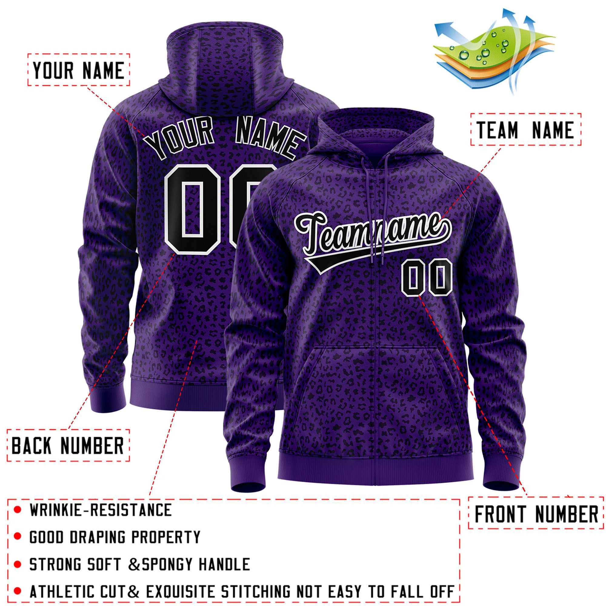 Custom Purple Black Varsity Full-Zip Letterman Leopard Print Jacket Hoodie