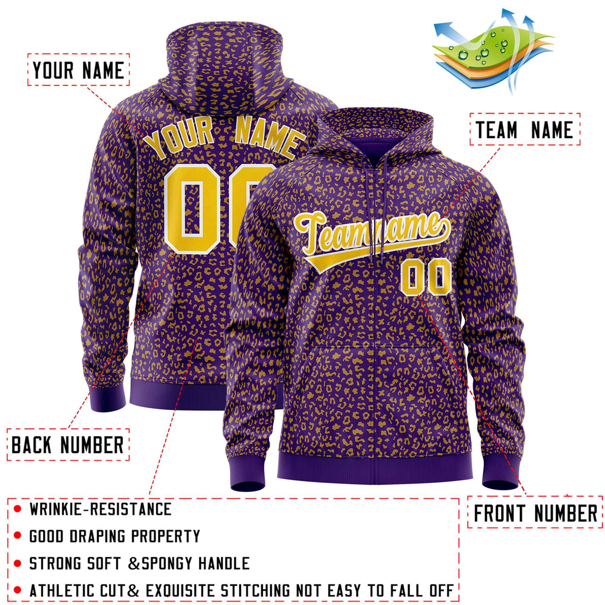 Custom Purple Gold Varsity Full-Zip Letterman Leopard Print Jacket Hoodie