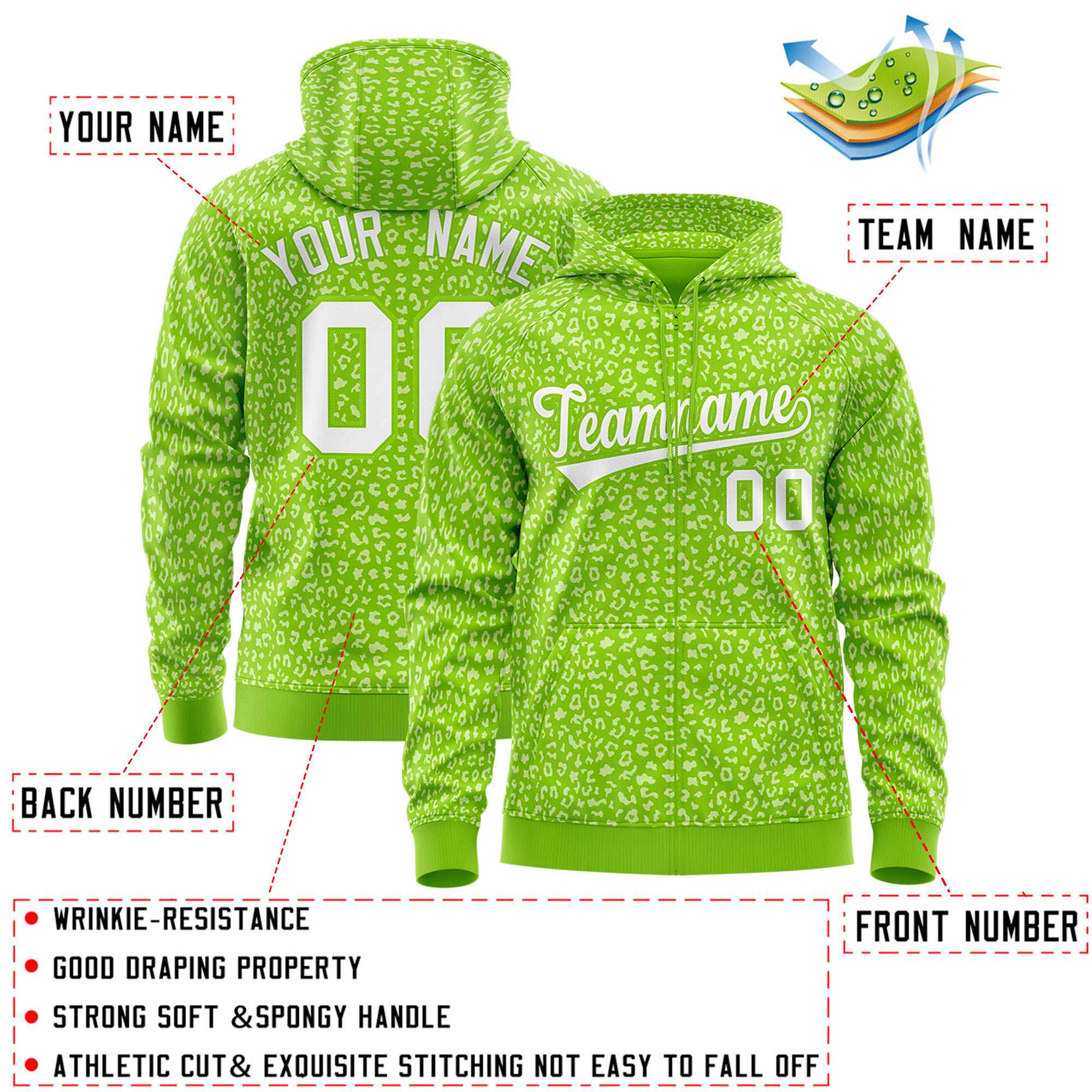 Custom Neon Green White Varsity Full-Zip Letterman Leopard Print Jacket Hoodie