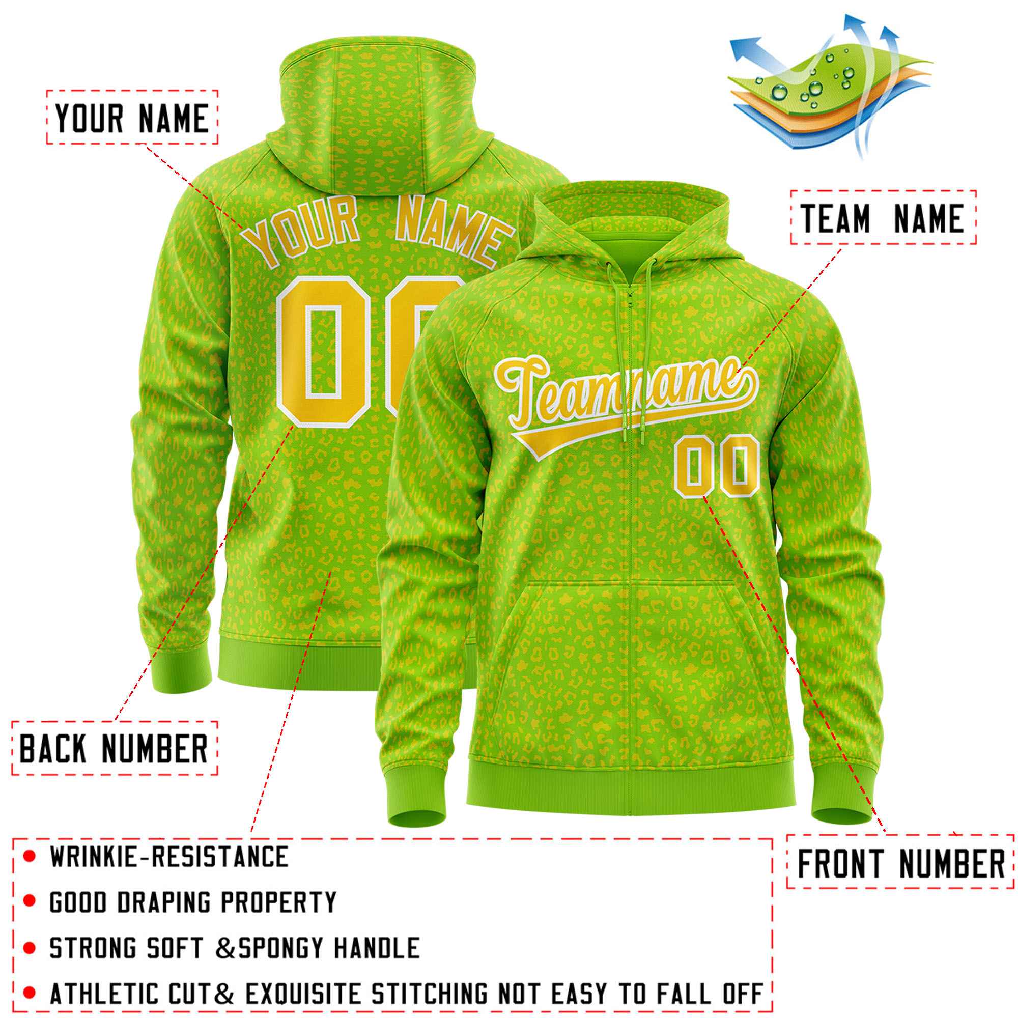Custom Neon Green Gold Varsity Full-Zip Letterman Leopard Print Jacket Hoodie