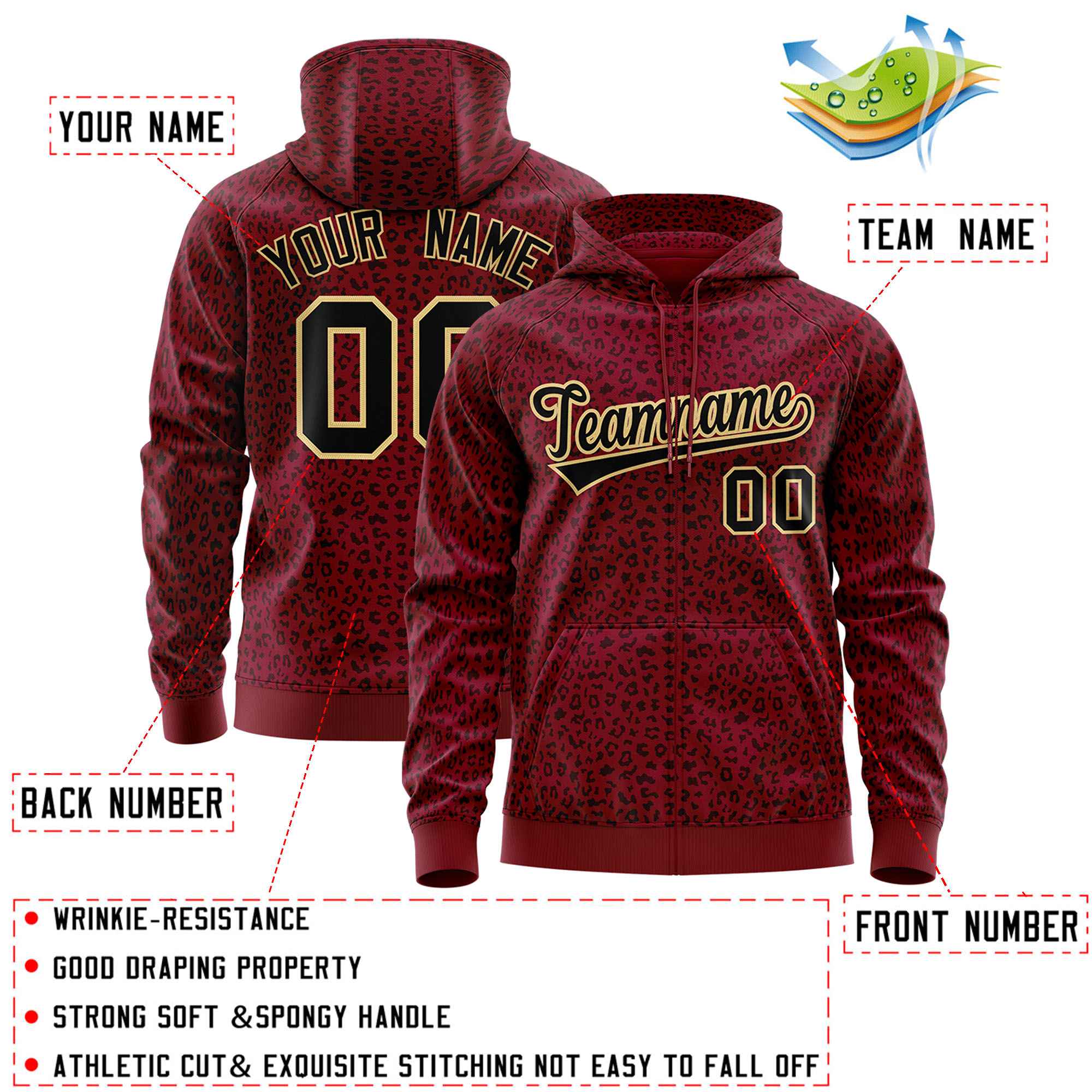 Custom Crimson Black Varsity Full-Zip Letterman Leopard Print Jacket Hoodie