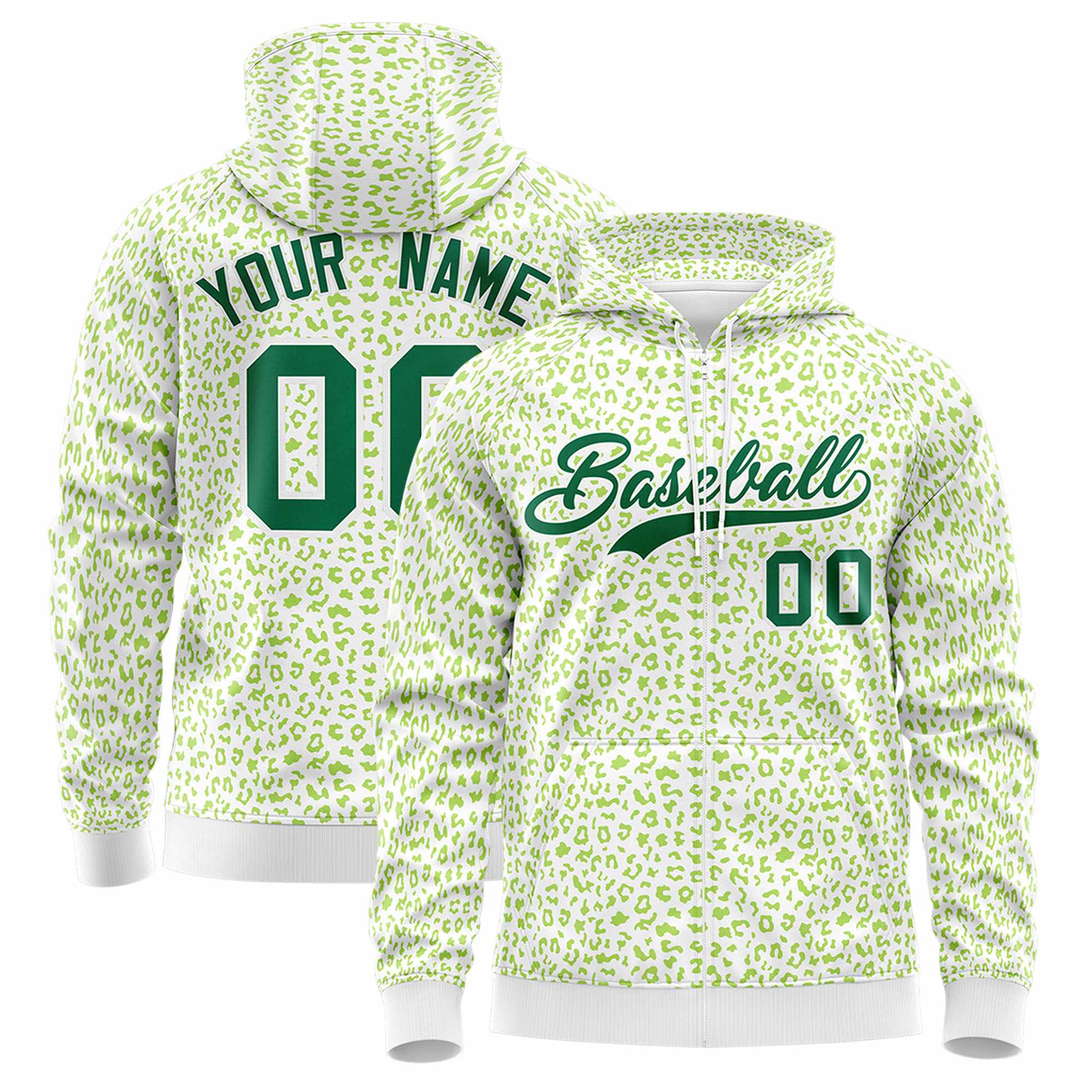 Custom Neon Green Green Varsity Full-Zip Letterman Leopard Print Jacket Hoodie