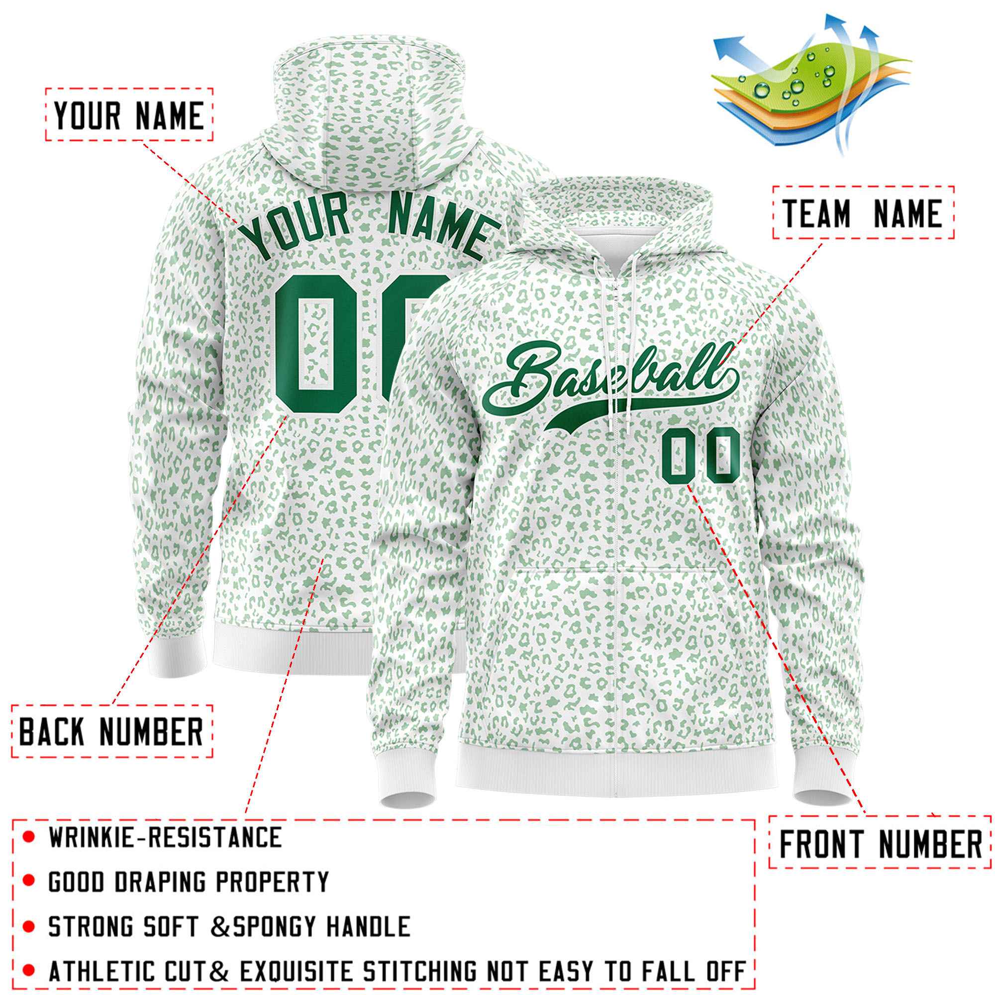 Custom White Kelly Green Varsity Full-Zip Letterman Leopard Print Jacket Hoodie