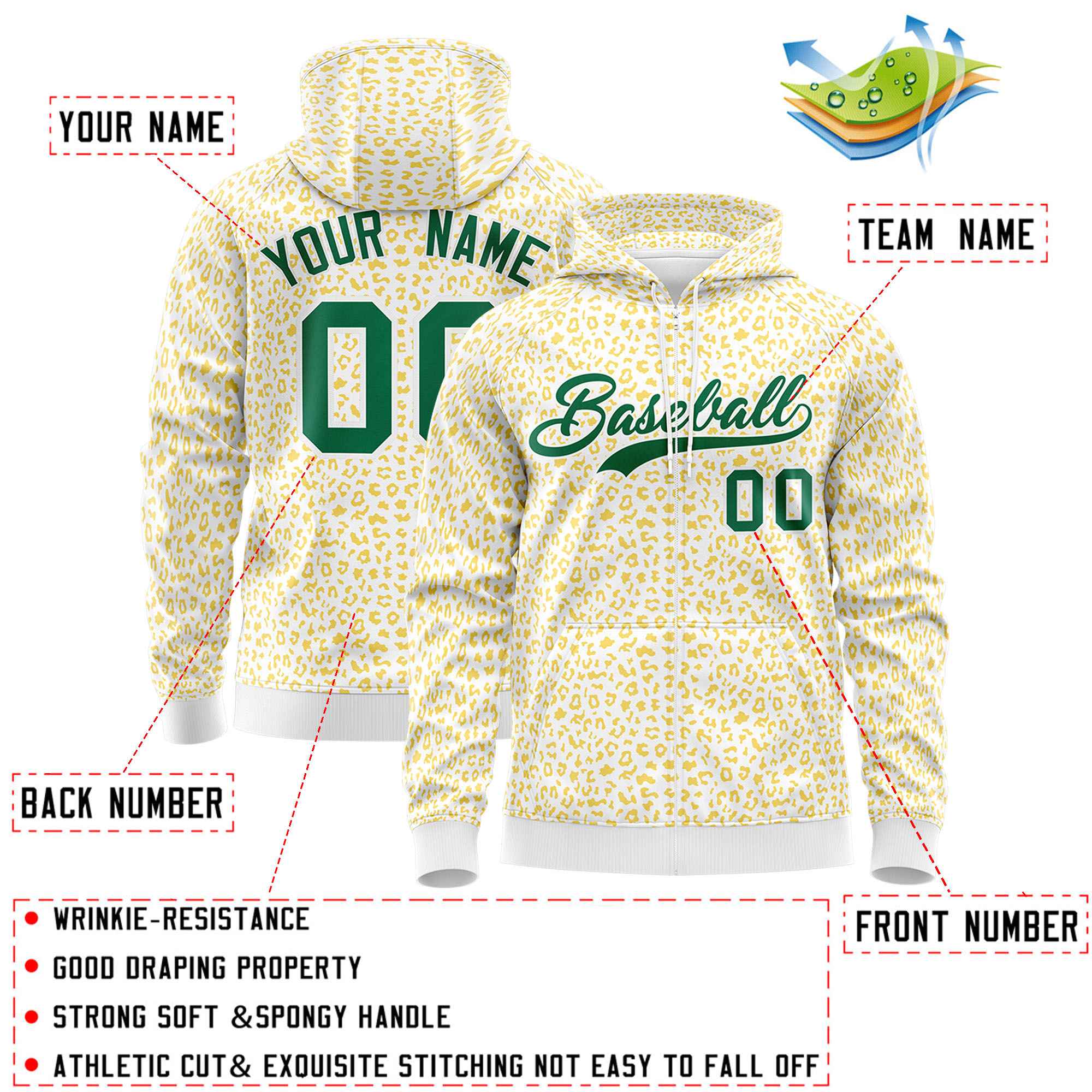 Custom White Gold Varsity Full-Zip Letterman Leopard Print Jacket Hoodie