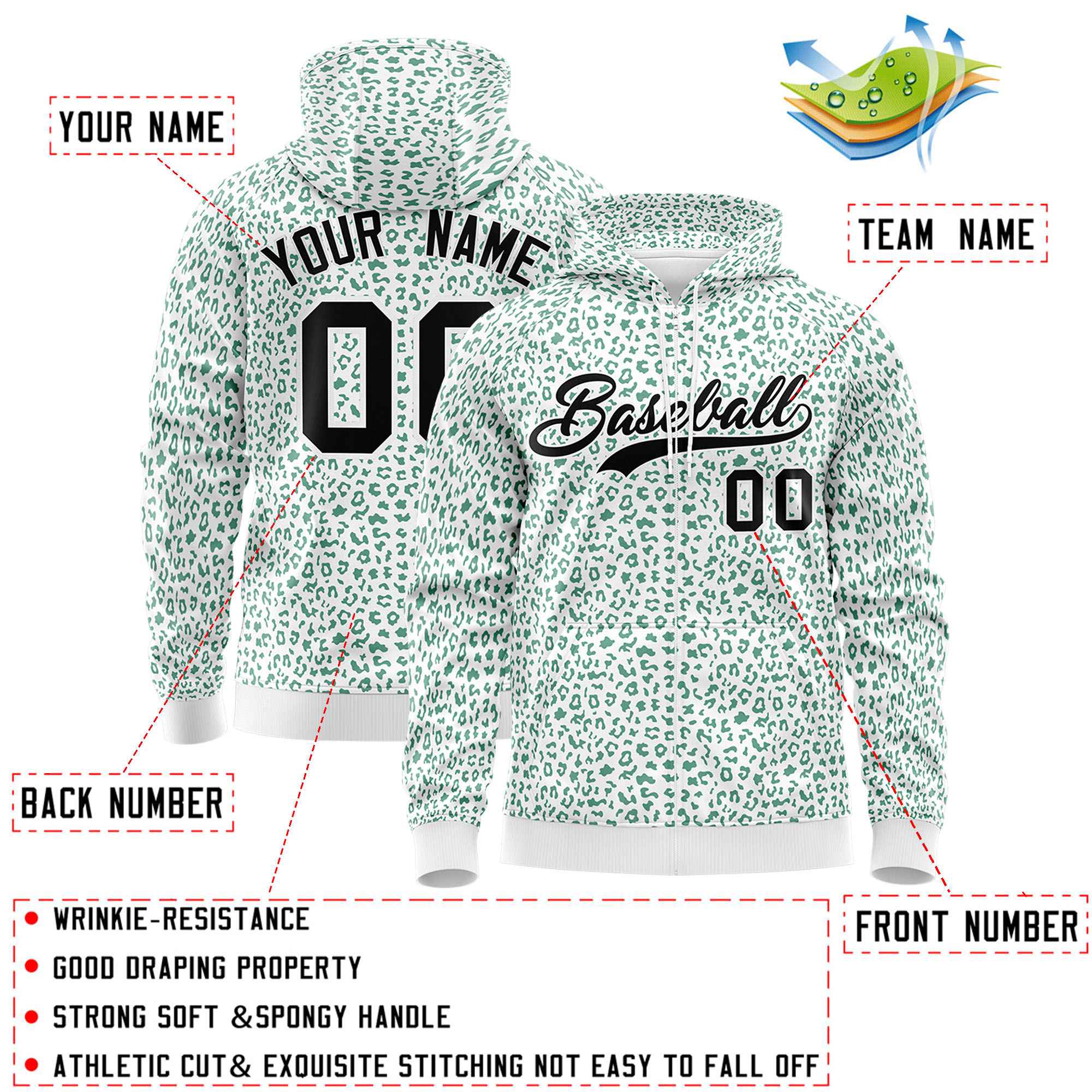 Custom White Kelly Green Varsity Full-Zip Letterman Leopard Print Jacket Hoodie