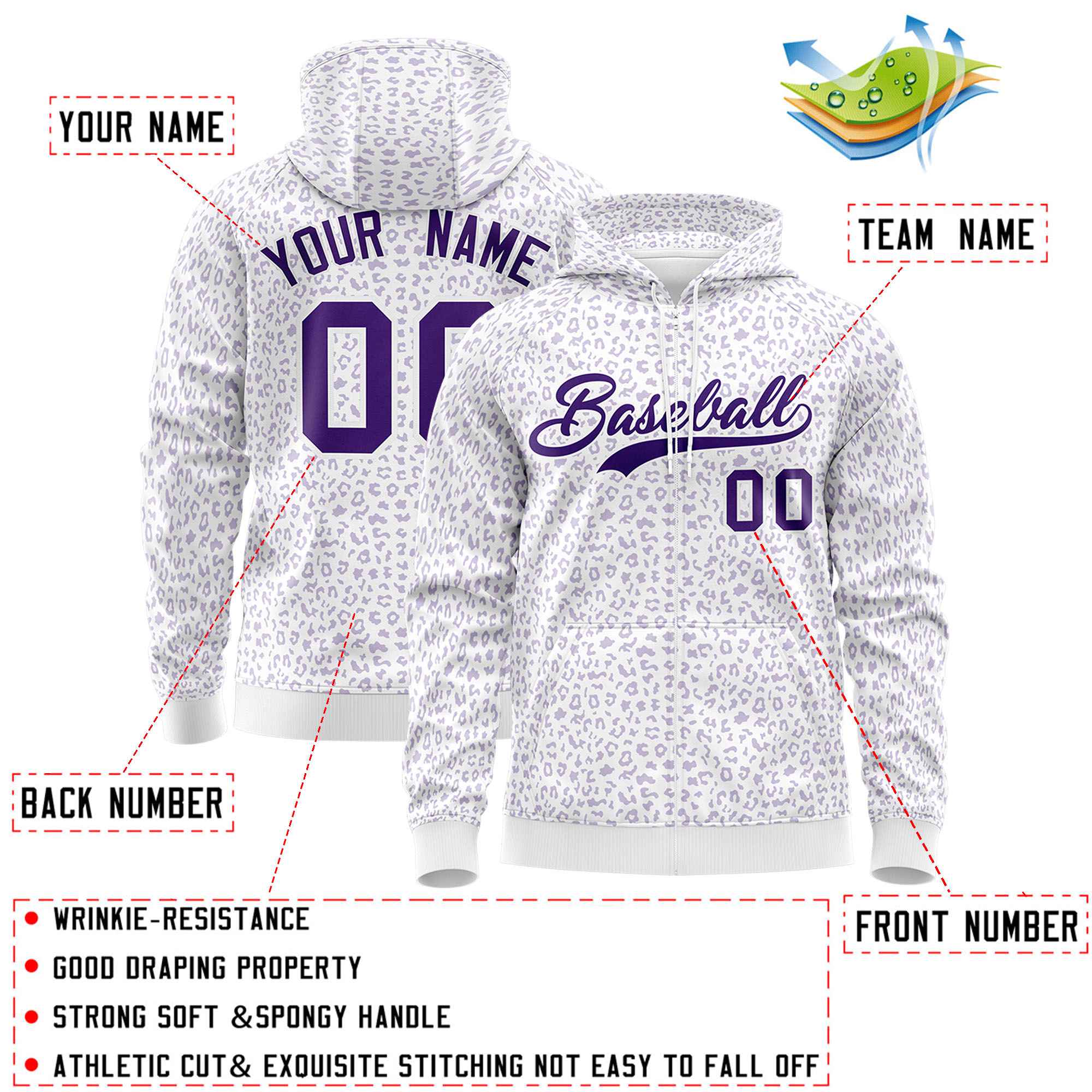 Custom Purple Light Purple Varsity Full-Zip Letterman Leopard Print Jacket Hoodie