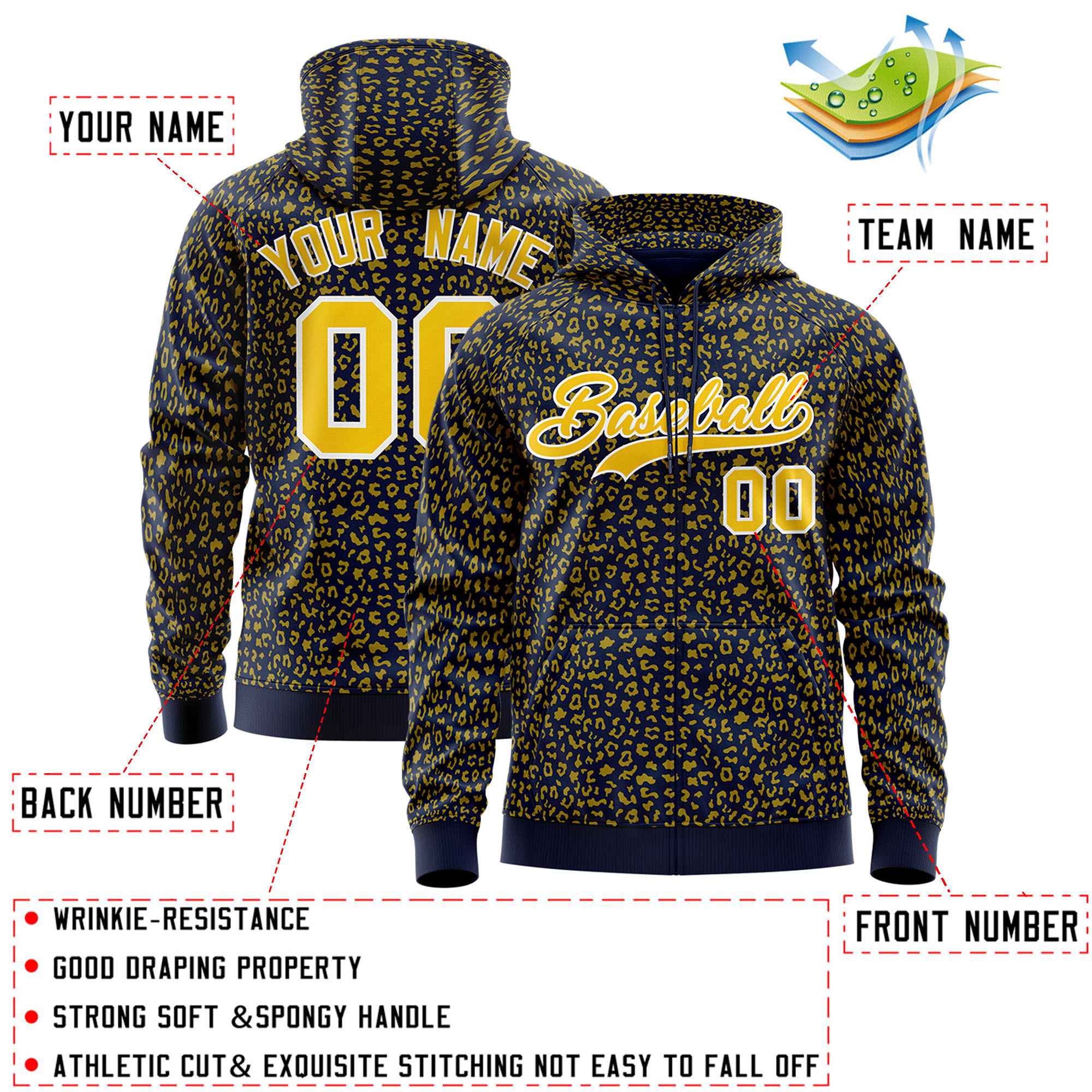 Custom Navy Gold Varsity Full-Zip Letterman Leopard Print Jacket Hoodie