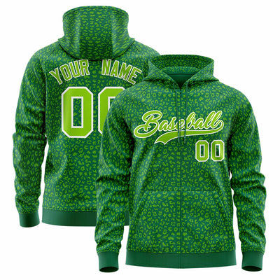 Custom Black Kelly Green Varsity Full-Zip Letterman Leopard Print Jacket Hoodie