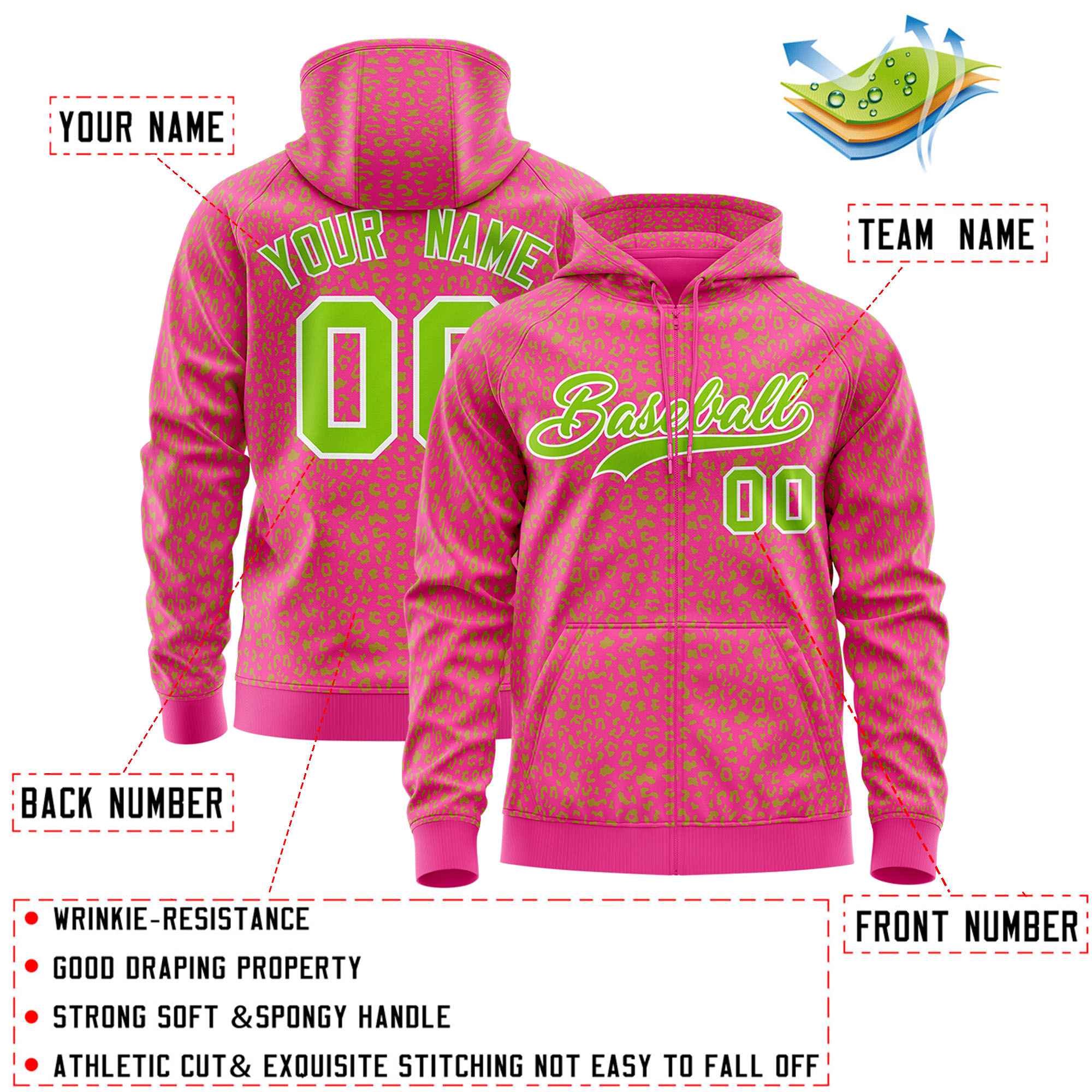 Custom Pink Neon Green Varsity Full-Zip Letterman Leopard Print Jacket Hoodie