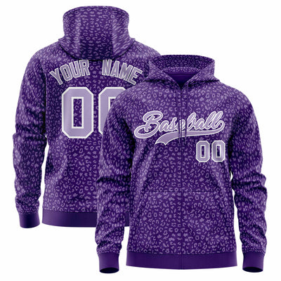 Custom White Purple Varsity Full-Zip Letterman Leopard Print Jacket Hoodie