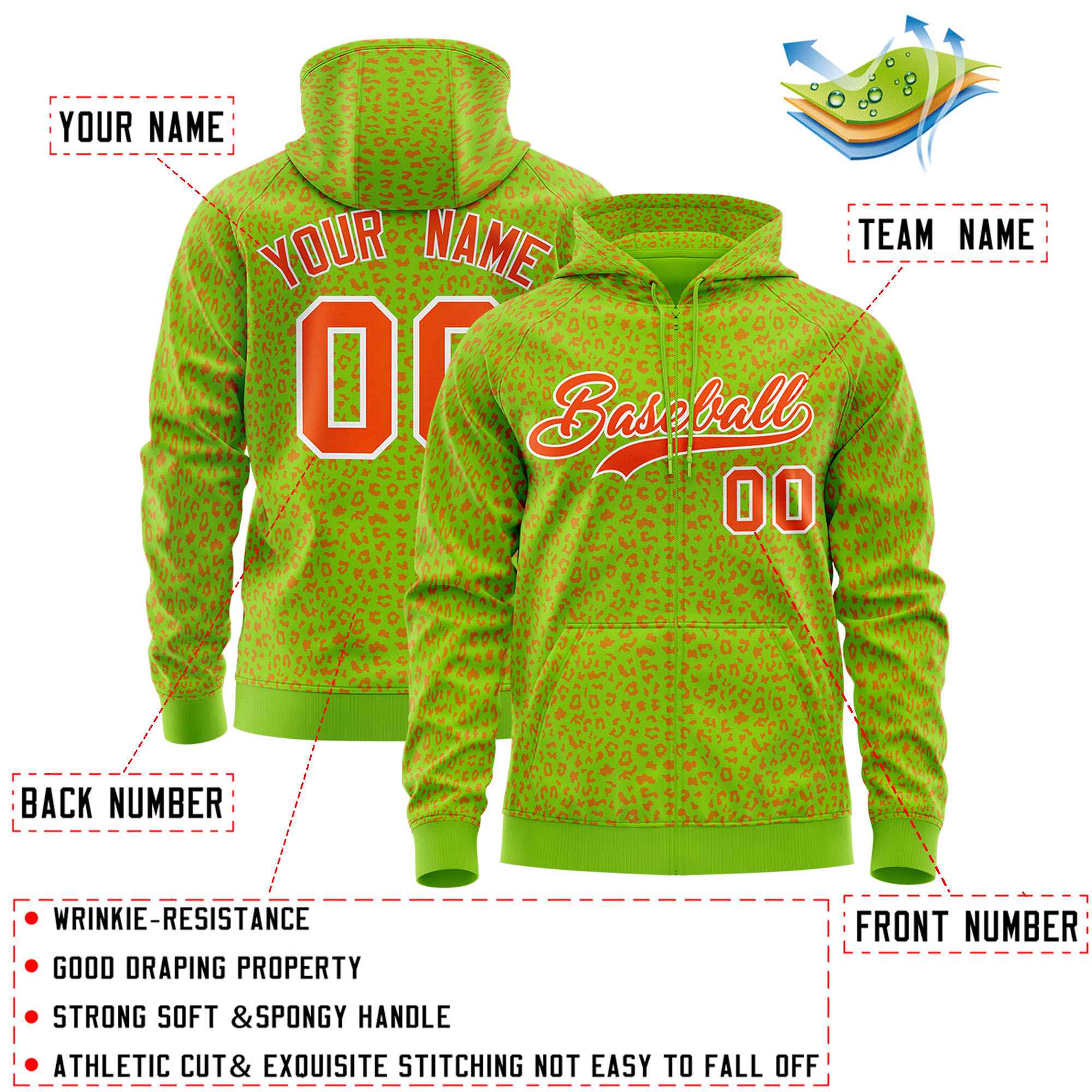 Custom Neon Green Orange Varsity Full-Zip Letterman Leopard Print Jacket Hoodie