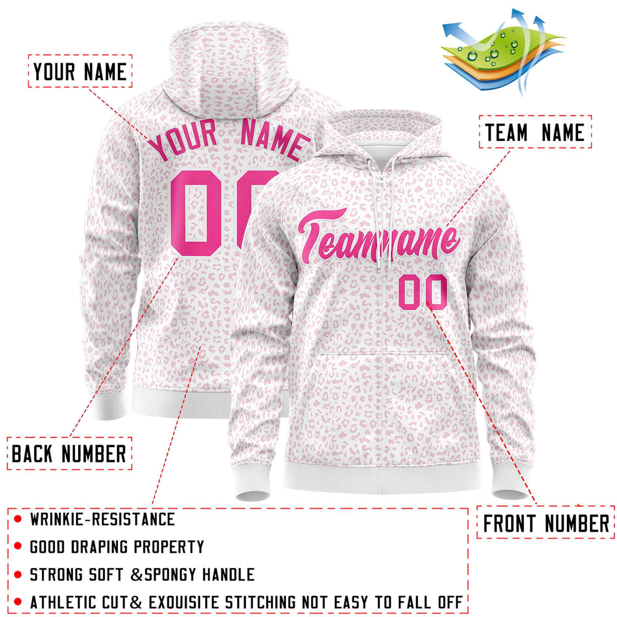 Custom White Pink Varsity Full-Zip Letterman Leopard Print Jacket Hoodie