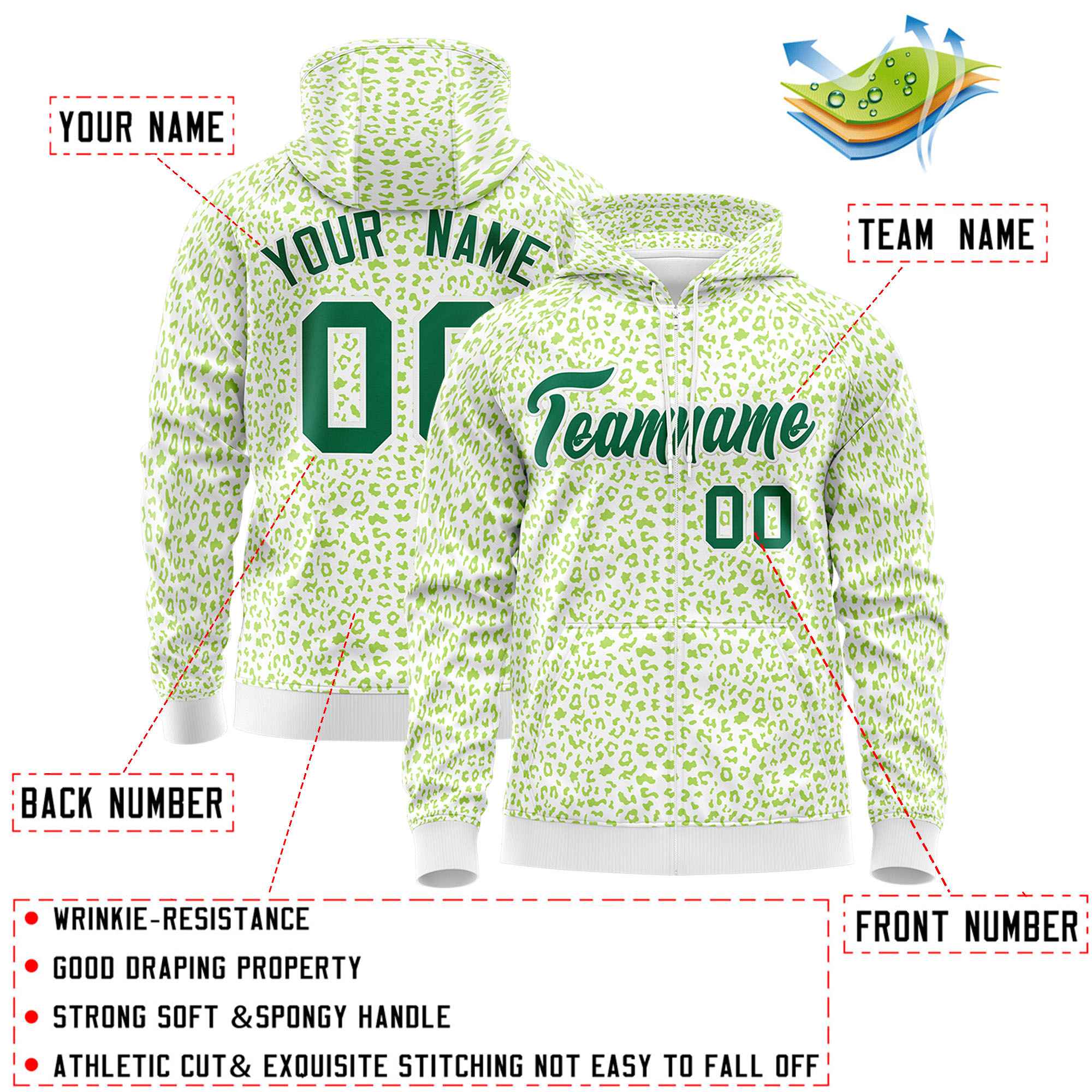 Custom White Neon Green Varsity Full-Zip Letterman Leopard Print Jacket Hoodie