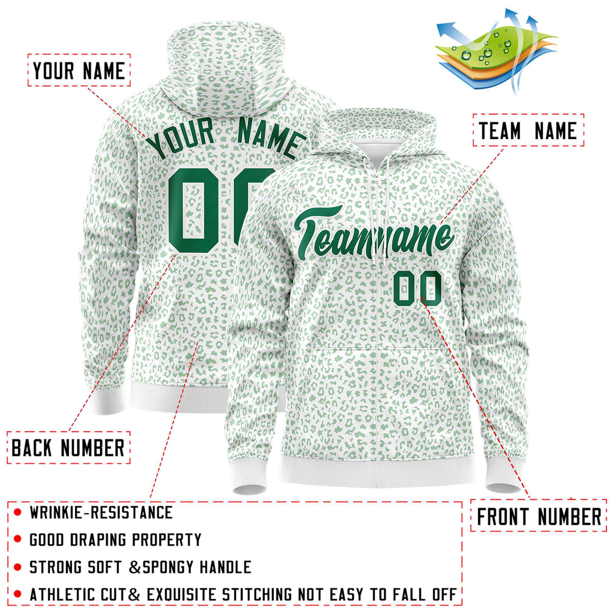 Custom White Kelly Green Varsity Full-Zip Letterman Leopard Print Jacket Hoodie