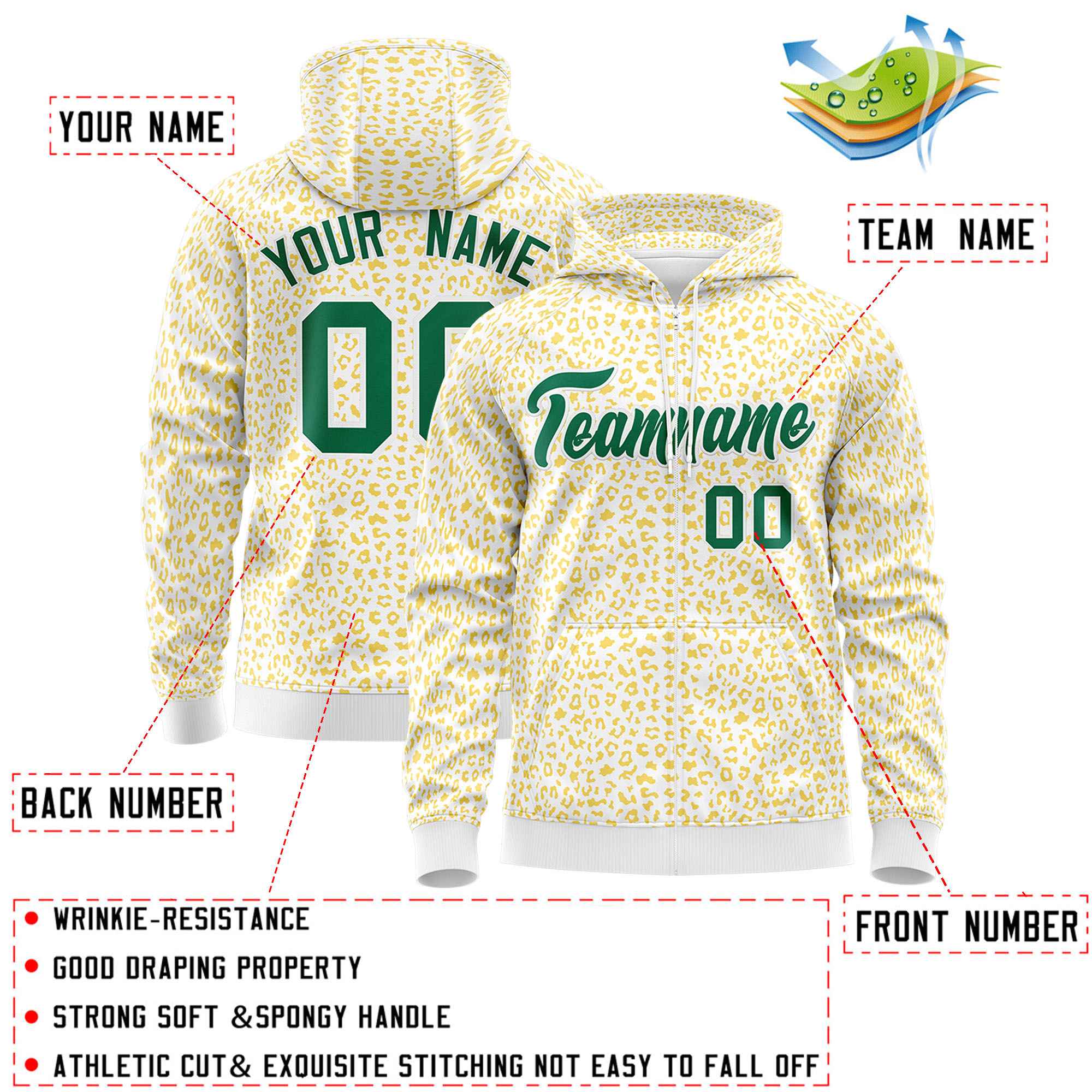 Custom Neon Green Orange Varsity Full-Zip Letterman Leopard Print Jacket Hoodie