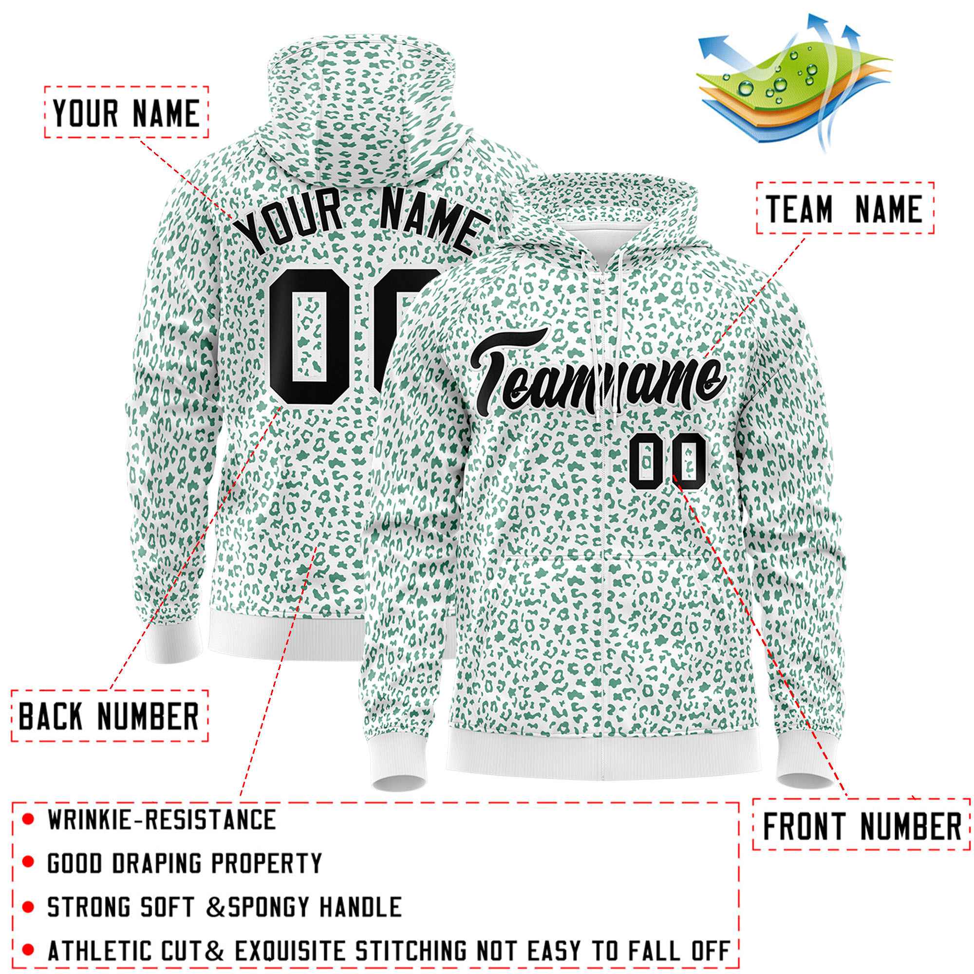 Custom White Kelly Green Varsity Full-Zip Letterman Leopard Print Jacket Hoodie