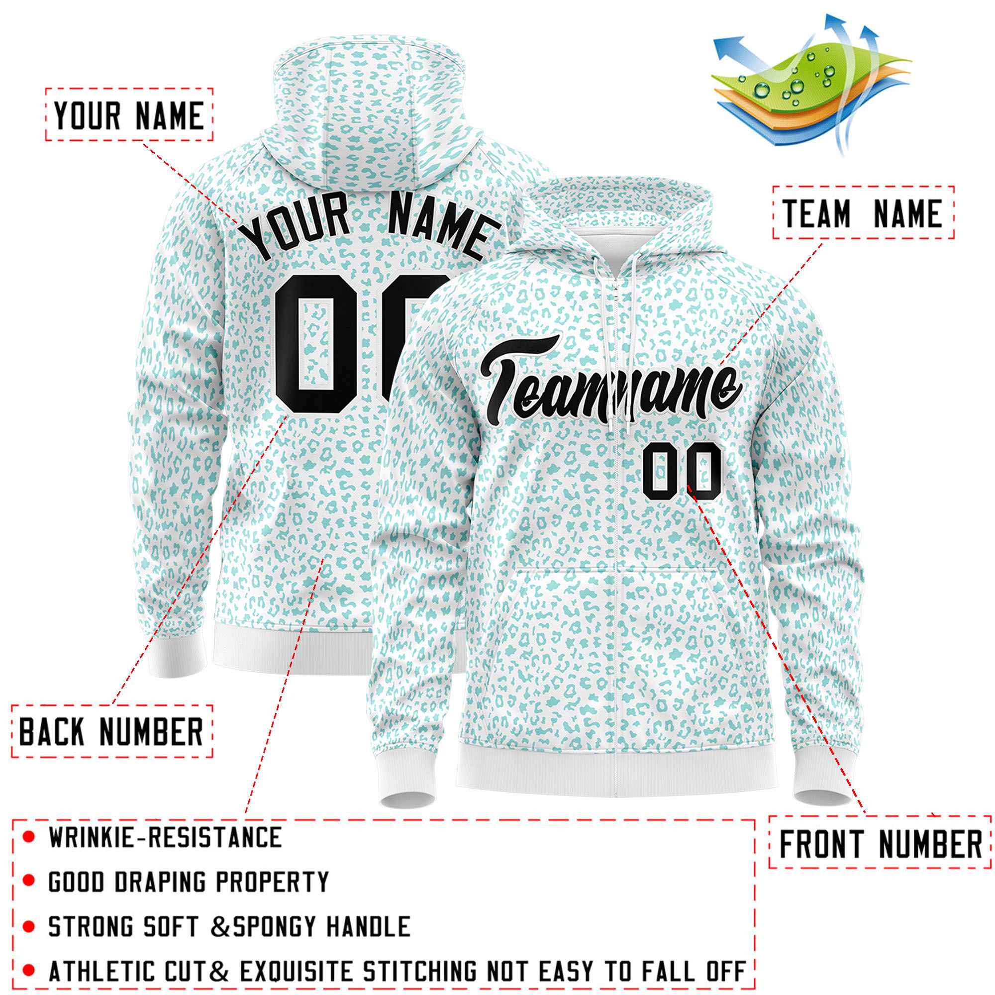 Custom White Bright Green Varsity Full-Zip Letterman Leopard Print Jacket Hoodie