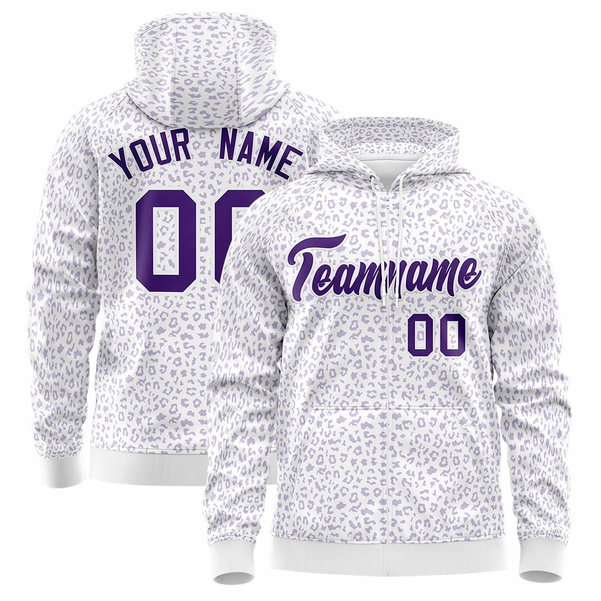 Custom Purple Light Purple Varsity Full-Zip Letterman Leopard Print Jacket Hoodie