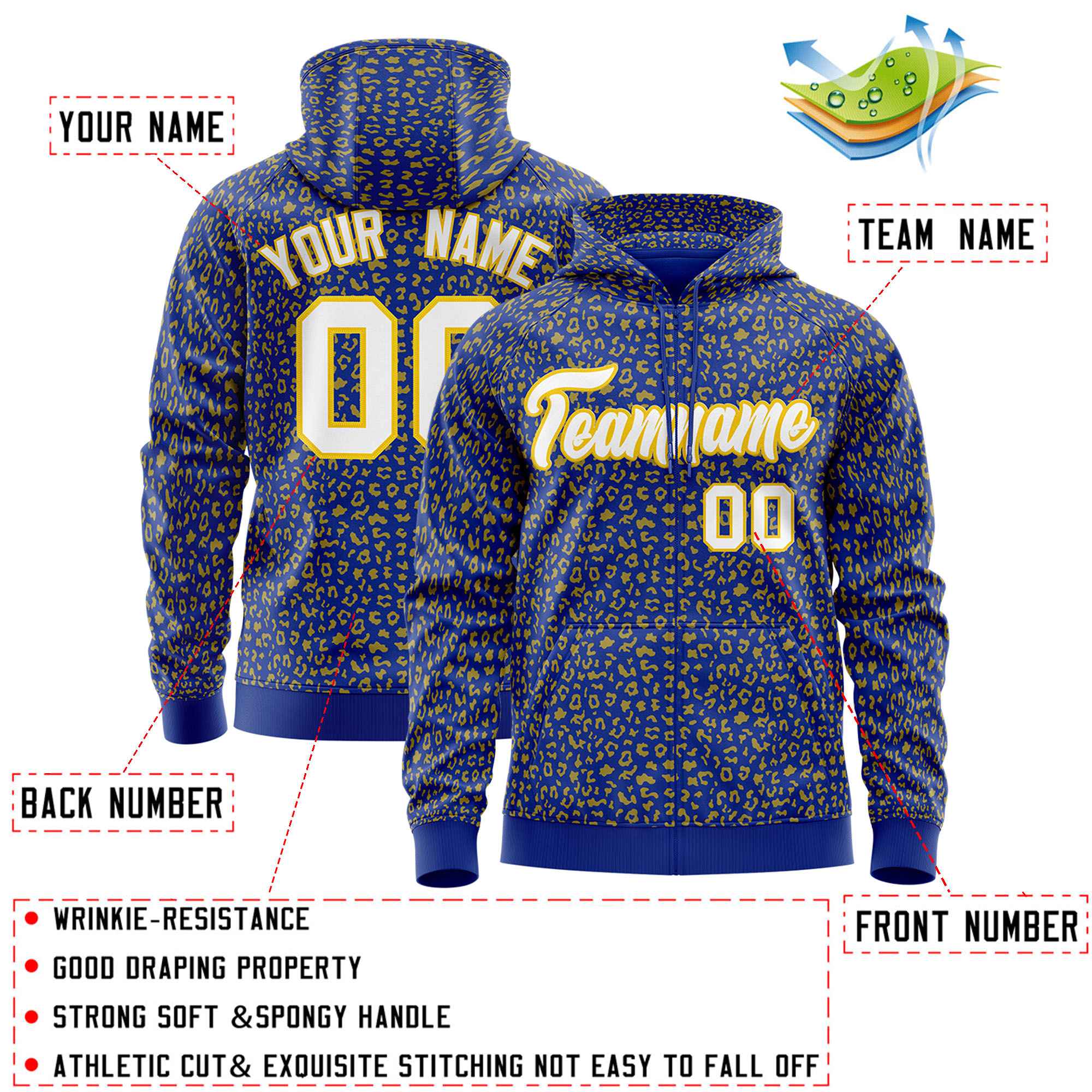 Custom Royal Gold Varsity Full-Zip Letterman Leopard Print Jacket Hoodie