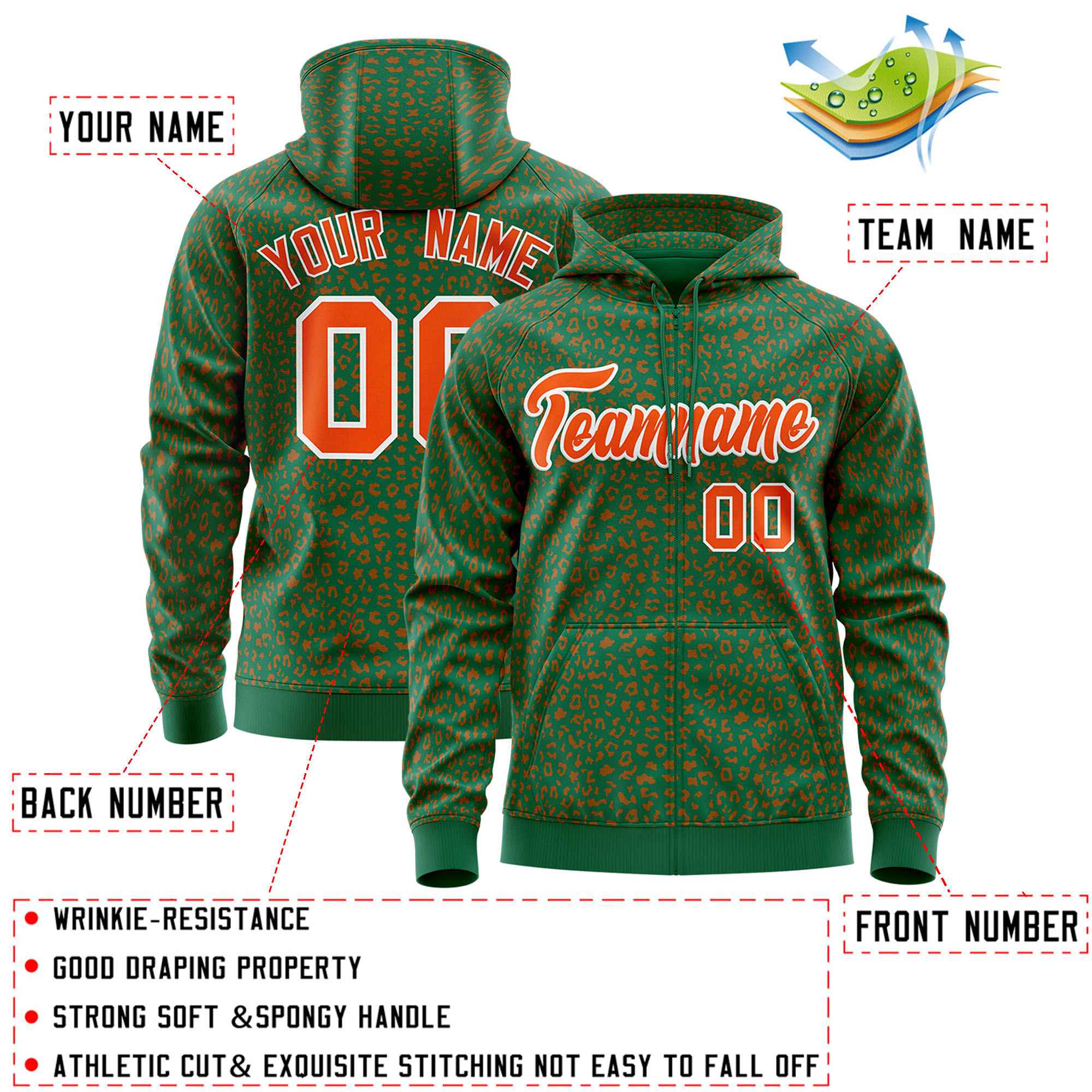 Custom Kelly Green Orange Varsity Full-Zip Letterman Leopard Print Jacket Hoodie