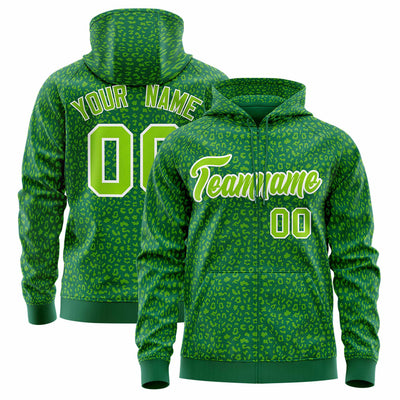 Custom Black Kelly Green Varsity Full-Zip Letterman Leopard Print Jacket Hoodie