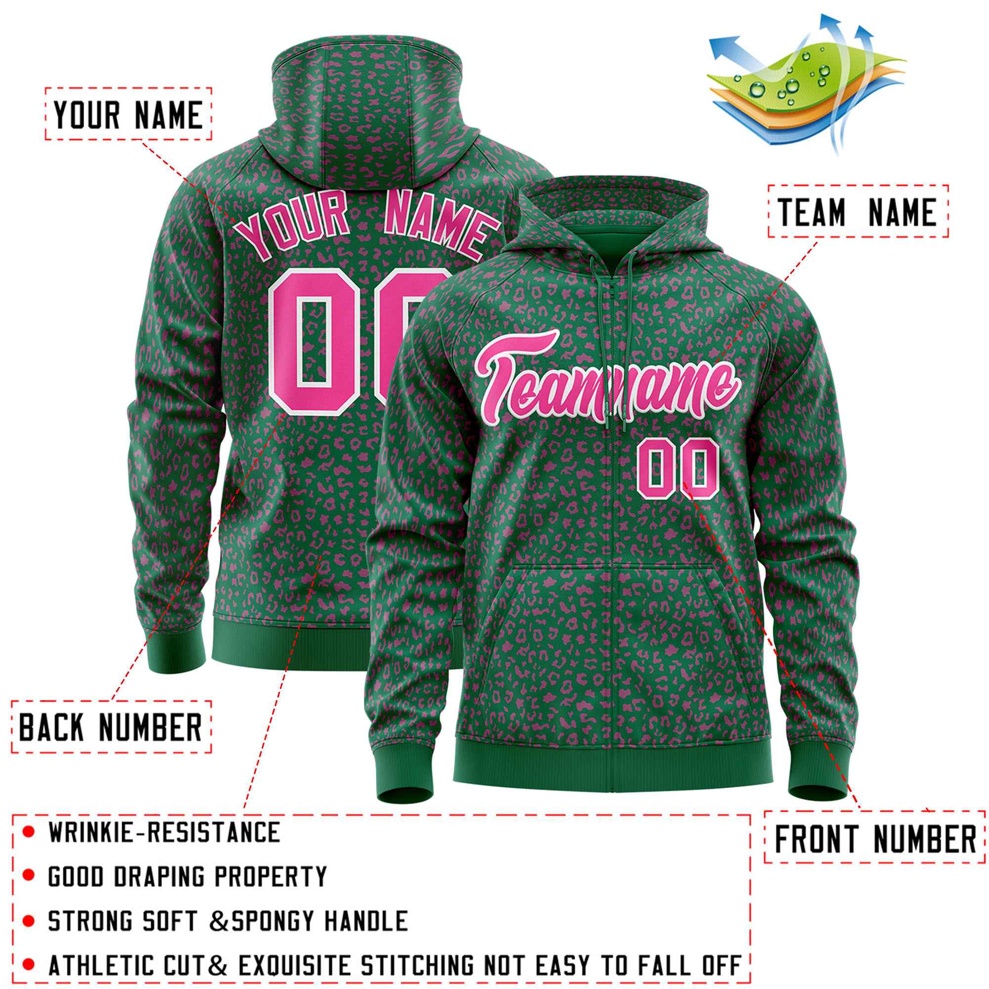 Custom Kelly Green Pink Varsity Full-Zip Letterman Leopard Print Jacket Hoodie
