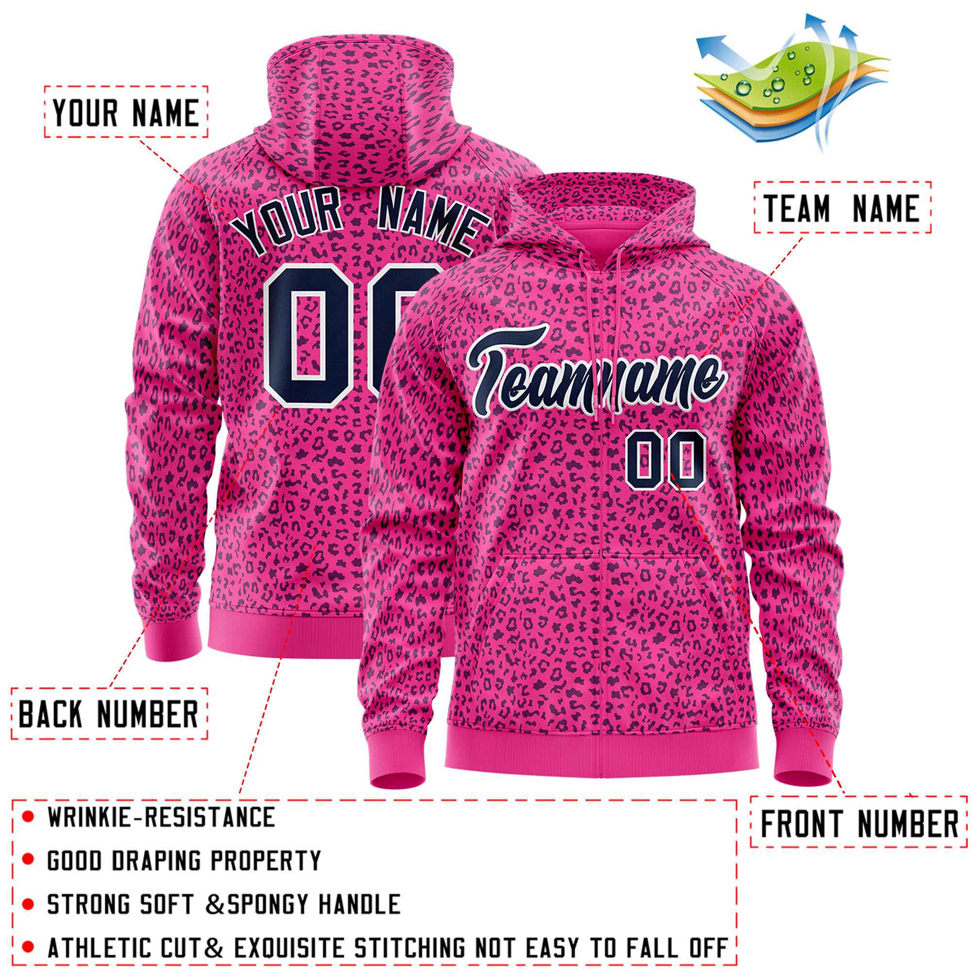 Custom Pink Navy Varsity Full-Zip Letterman Leopard Print Jacket Hoodie