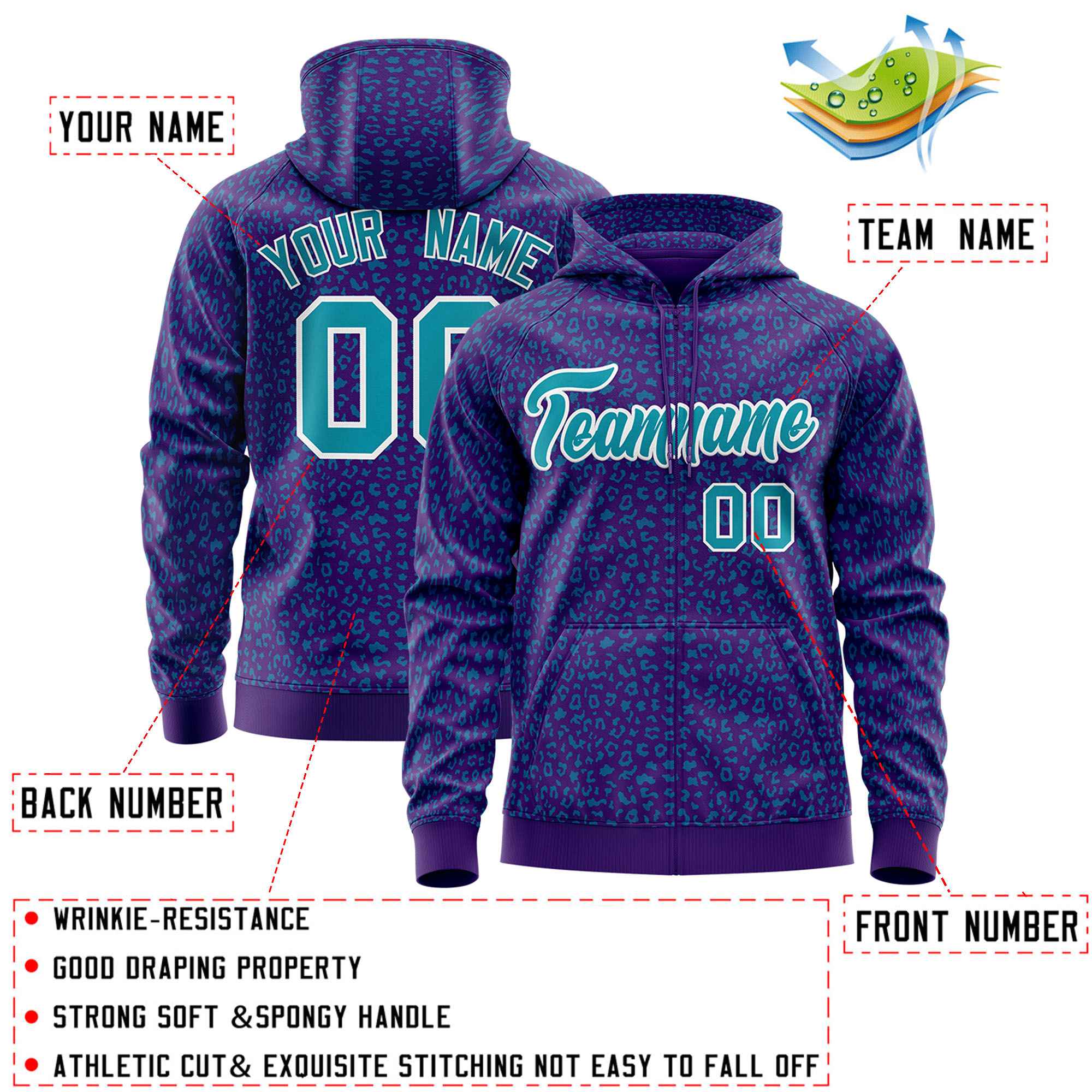 Custom Purple Teal Varsity Full-Zip Letterman Leopard Print Jacket Hoodie