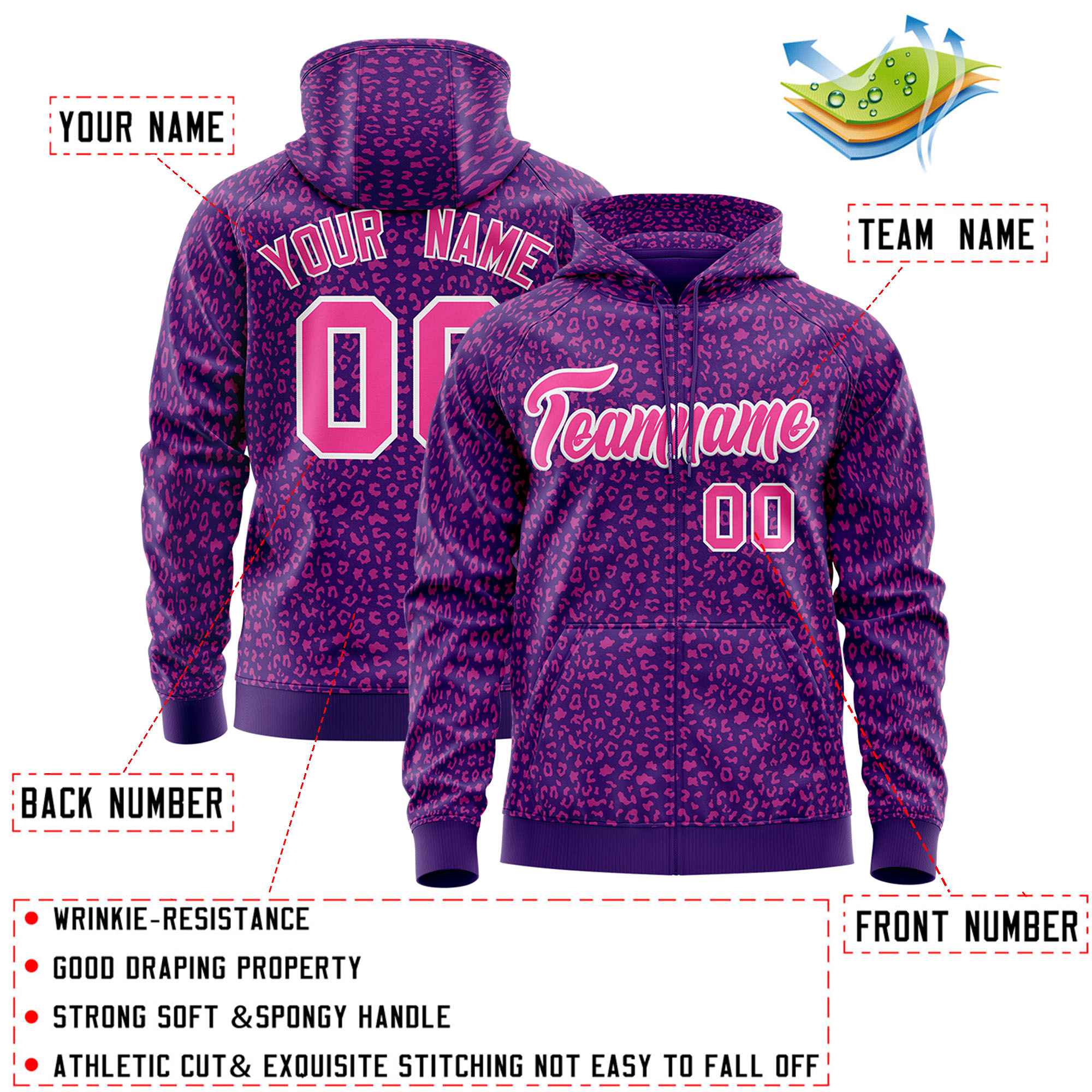 Custom Purple Pink Varsity Full-Zip Letterman Leopard Print Jacket Hoodie