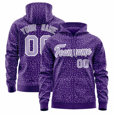 Custom White Purple Varsity Full-Zip Letterman Leopard Print Jacket Hoodie