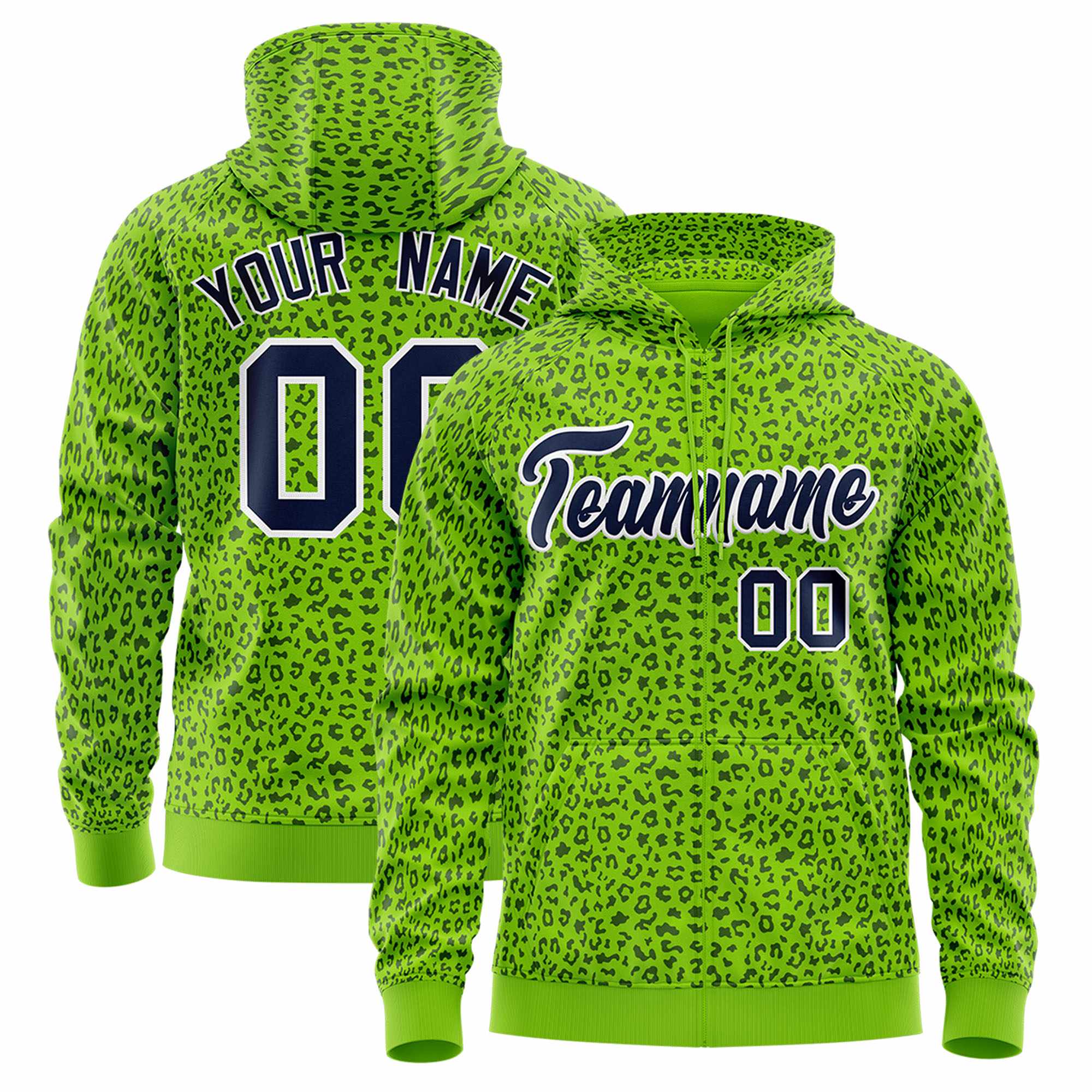 Custom White Bright Green Varsity Full-Zip Letterman Leopard Print Jacket Hoodie